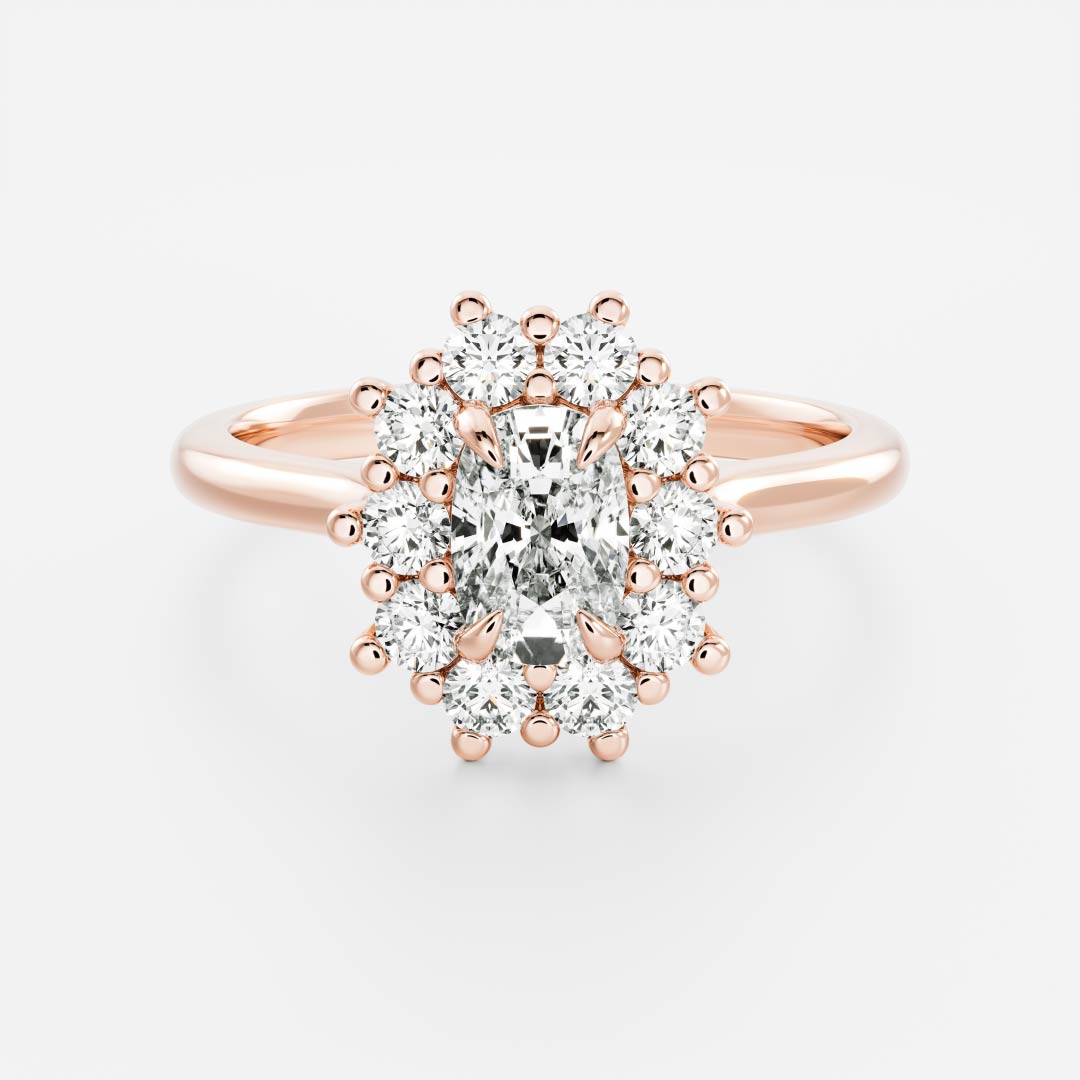 Halo Cathedral- 1.2 CT Elongated Cushion Moissanite Engagement RingHalo Cathedral- 1.2 CT Elongated Cushion Moissanite Engagement Ring - On model