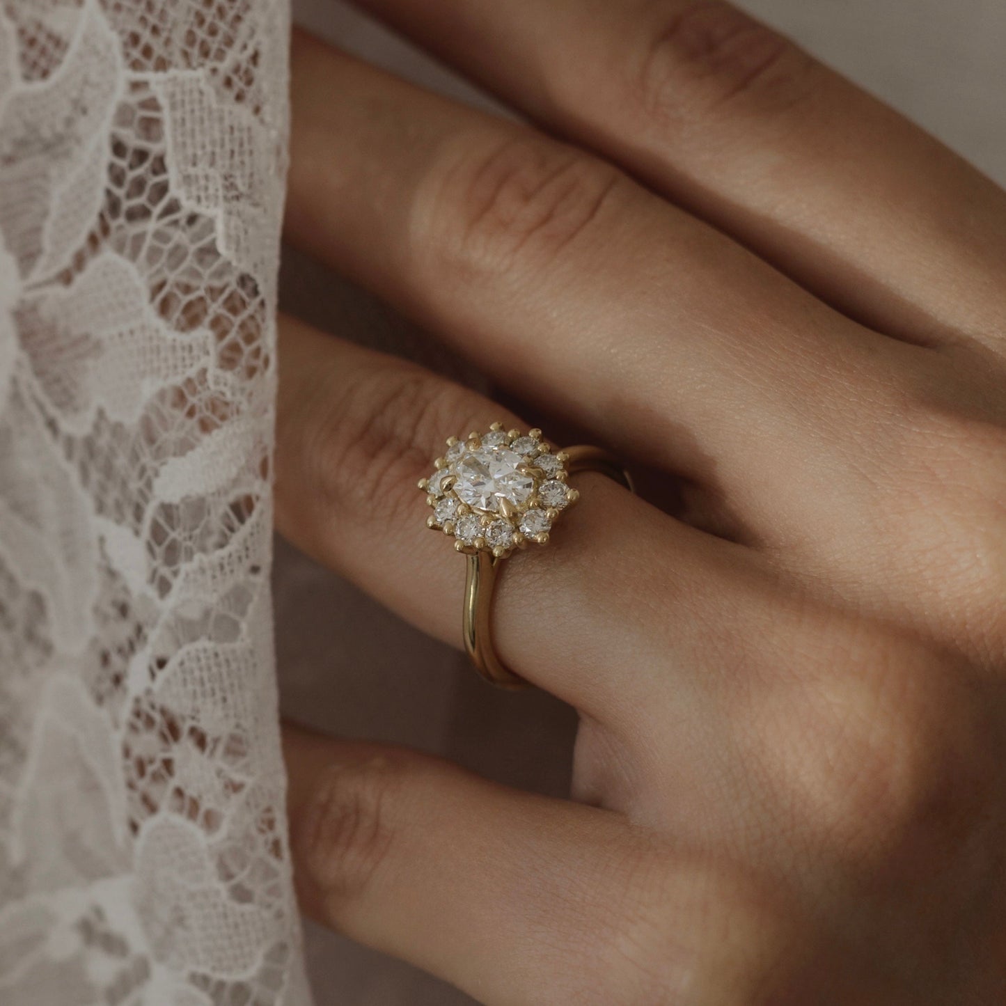 Halo & Cathedral-Oval Lab Grown Diamond Engagement Ring - On model