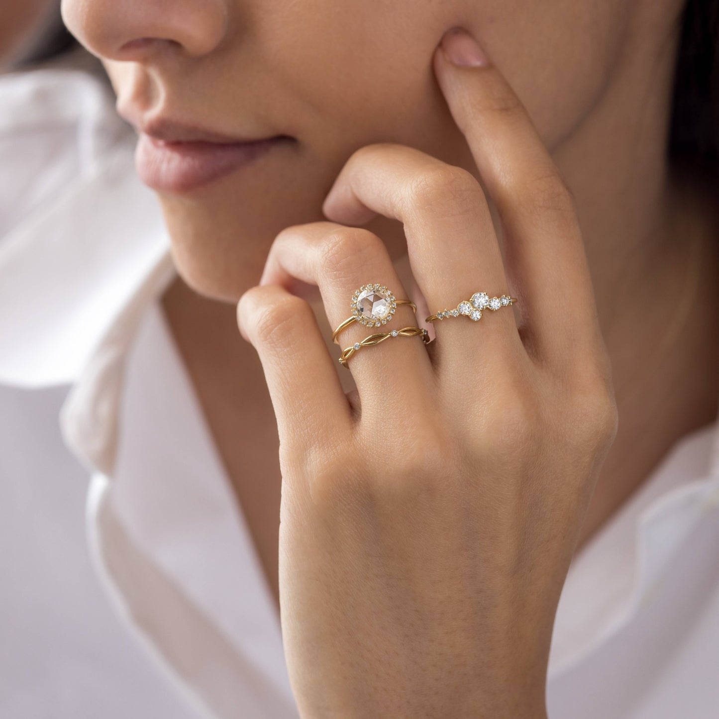 Halo-Rose Cut Lab Grown Diamond Engagement Ring - On model