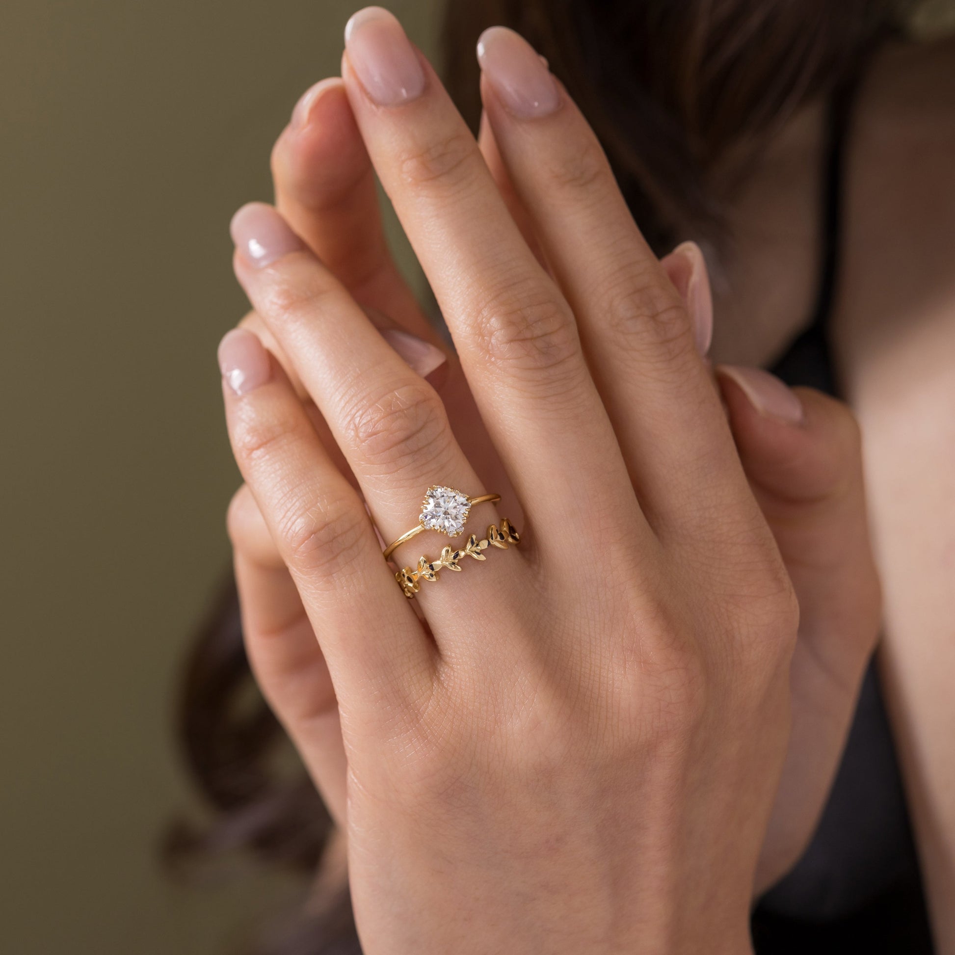 Halo & Triple Prong-Round Lab Grown Diamond Engagement Ring - On model