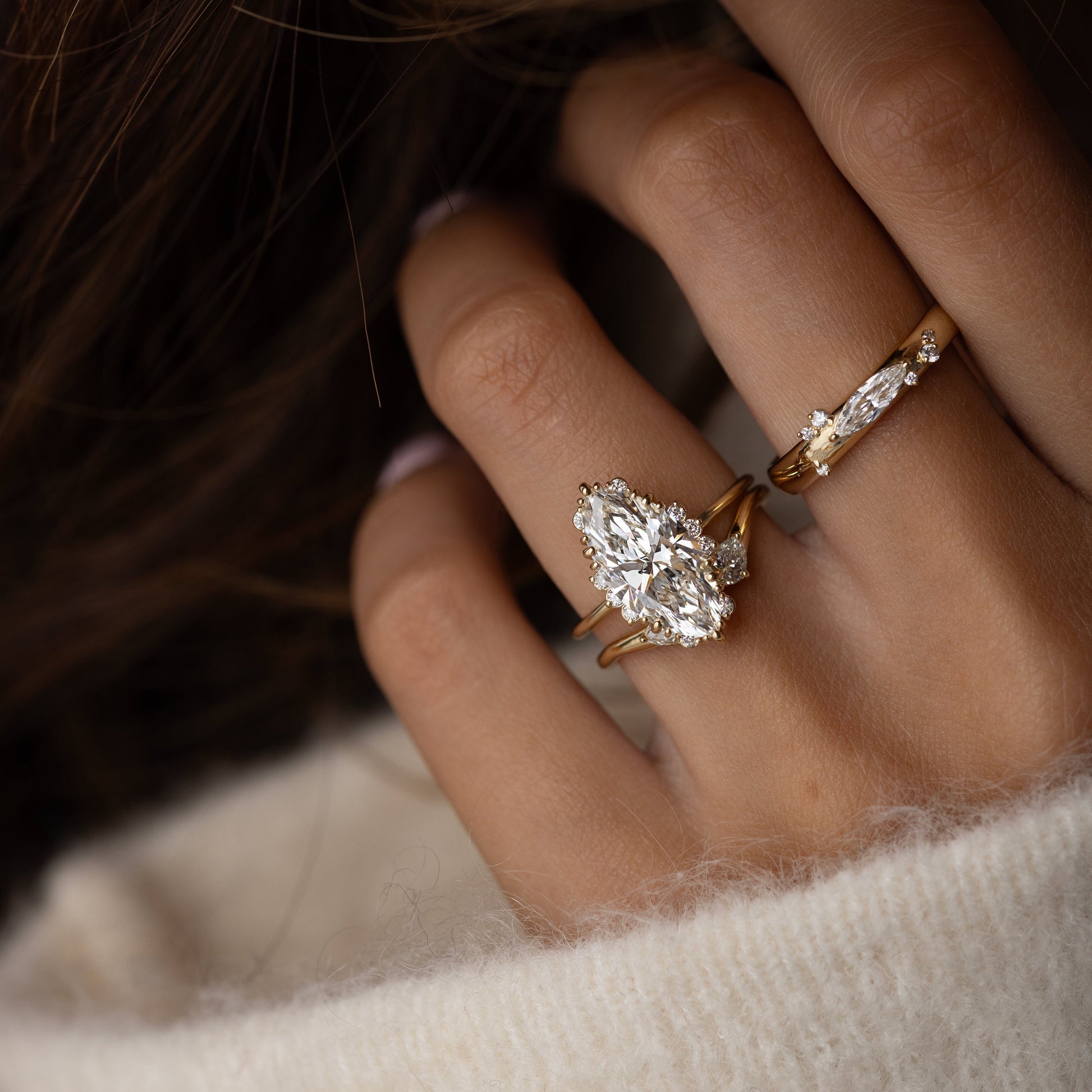 Halo & Triple Prong Style-Marquise Lab Grown Diamond Engagement Ring - On model