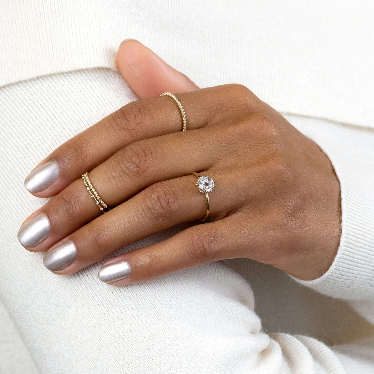 Hidden Halo-Rose Cut Lab Grown Diamond Engagement Ring - On model