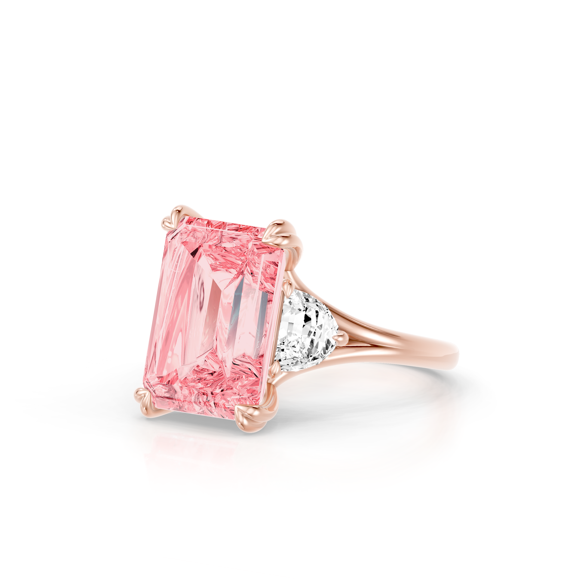 High Jewelry | Jane Emerald Cut Pink Diamond Three Stone Engagement Ring - view 2