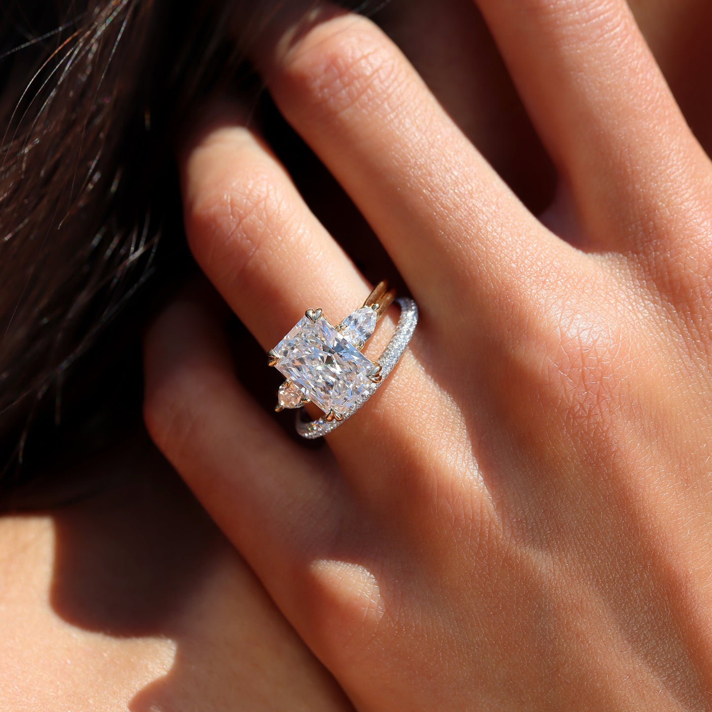 Elle Radiant Three Stone Lab Pink Diamond Engagement Ring - view 8