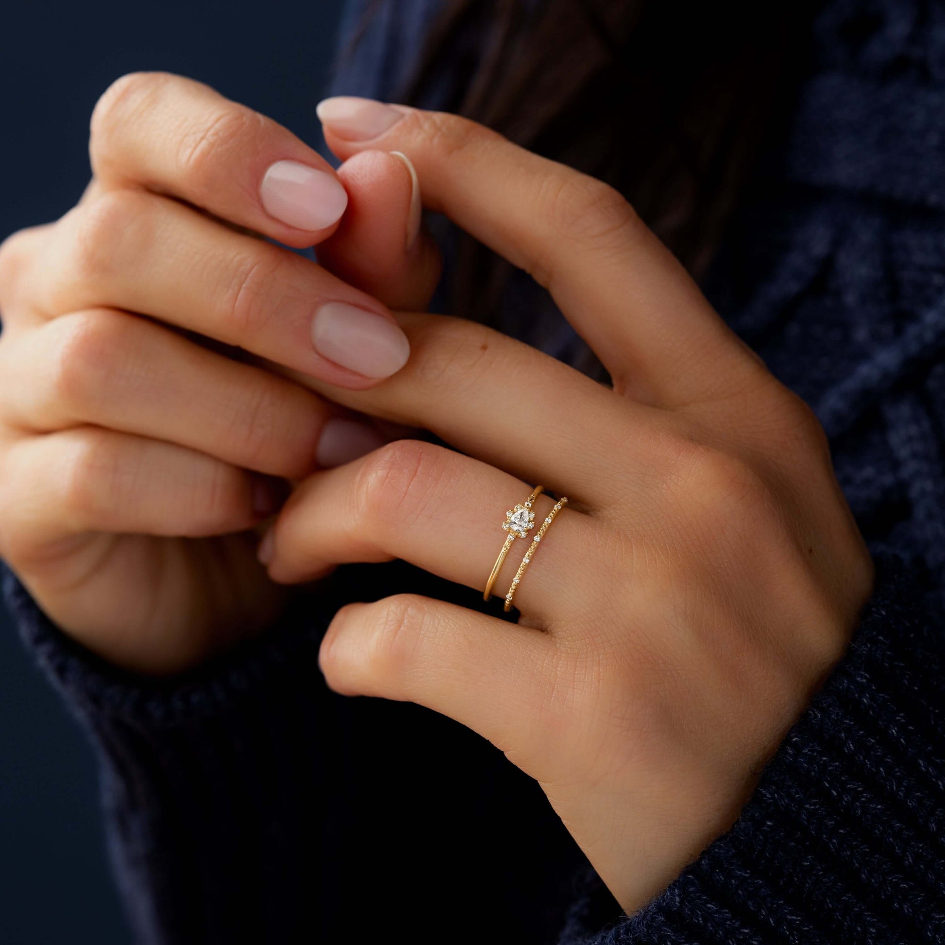 Minimal Halo-Pear Lab Grown Diamond Engagement Ring - On model