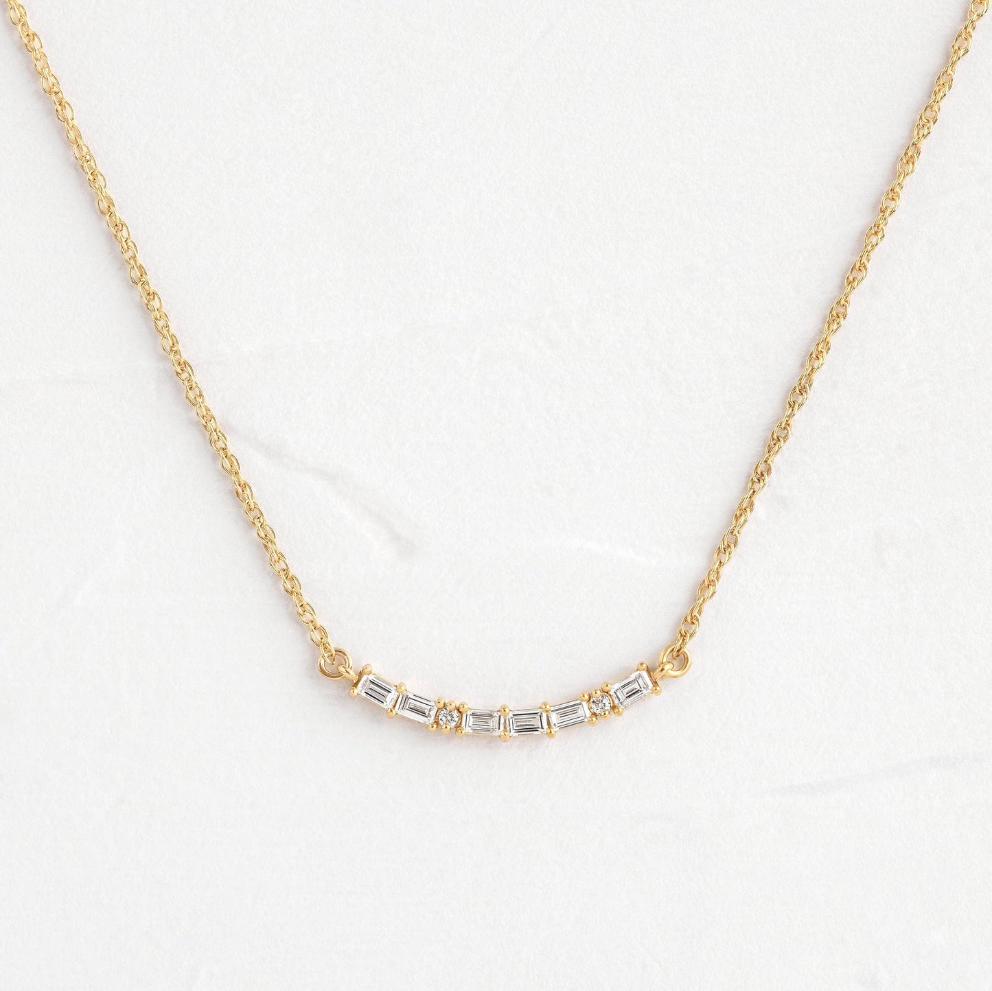 Morse Code-LOVE- 0.05 CT Baguette & Round Lab Grown Diamond NecklaceMorse Code-LOVE- 0.05 CT Baguette & Round Lab Grown Diamond Necklace - Front view