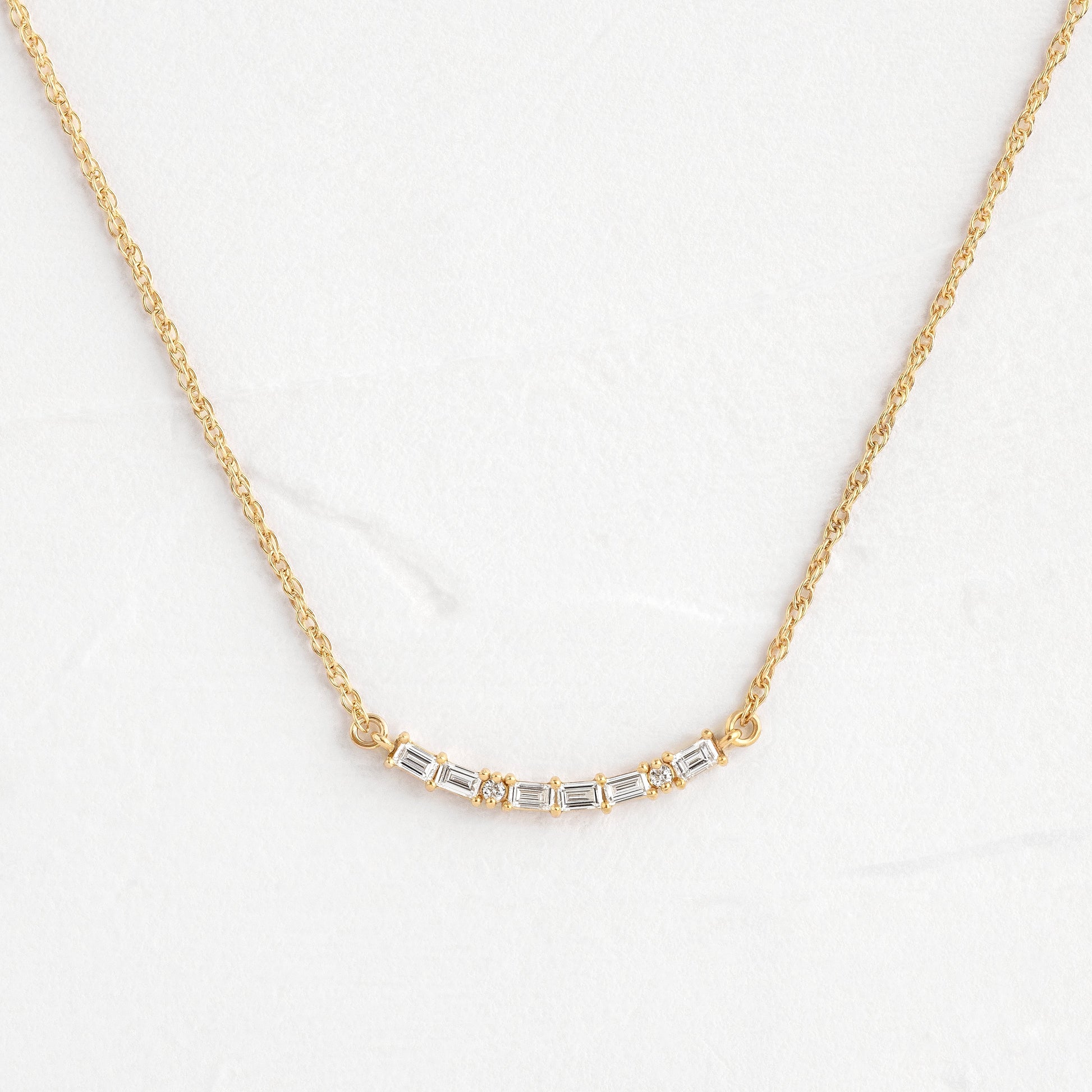 Morse Code-LOVE- 0.05 CT Baguette & Round Lab Grown Diamond NecklaceMorse Code-LOVE- 0.05 CT Baguette & Round Lab Grown Diamond Necklace - Front view
