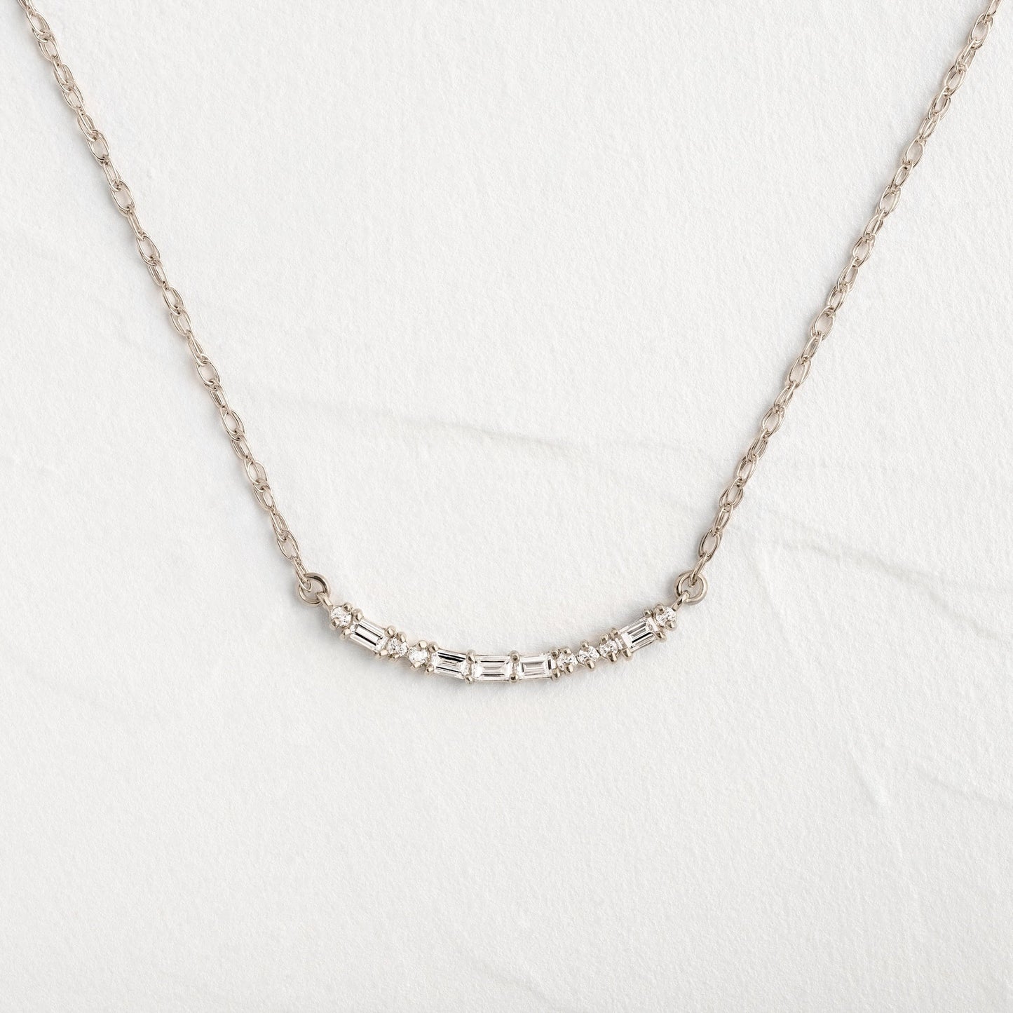 Morse Code-LOVE- 0.05 CT Baguette & Round Lab Grown Diamond NecklaceMorse Code-LOVE- 0.05 CT Baguette & Round Lab Grown Diamond Necklace - On model