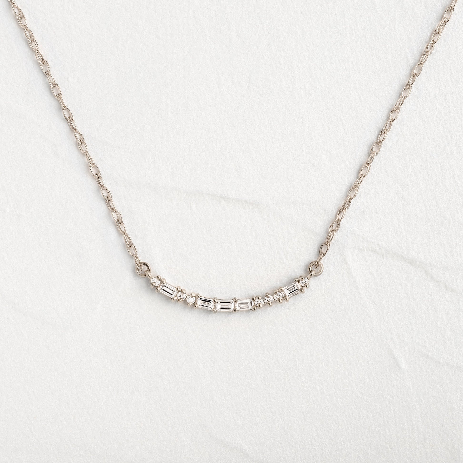 Morse Code-LOVE- 0.05 CT Baguette & Round Lab Grown Diamond NecklaceMorse Code-LOVE- 0.05 CT Baguette & Round Lab Grown Diamond Necklace - On model
