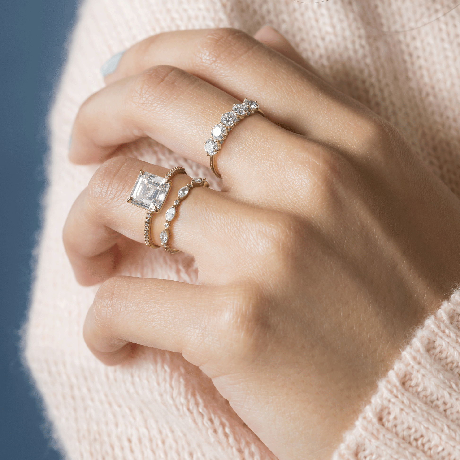 Pave-Asscher Lab Grown Diamond Engagement Ring - On model