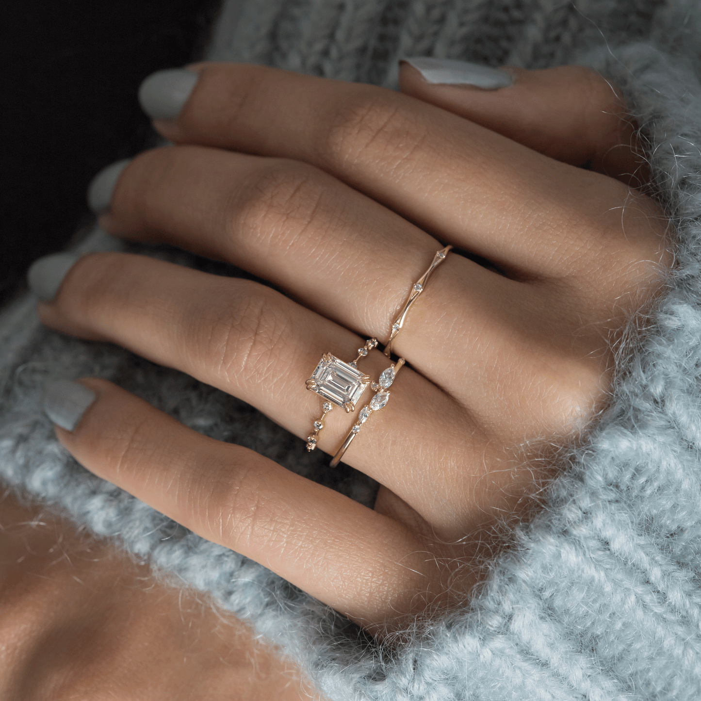 Pave & Double Prong-Emerald Lab Grown Diamond Engagement Ring - Detail view