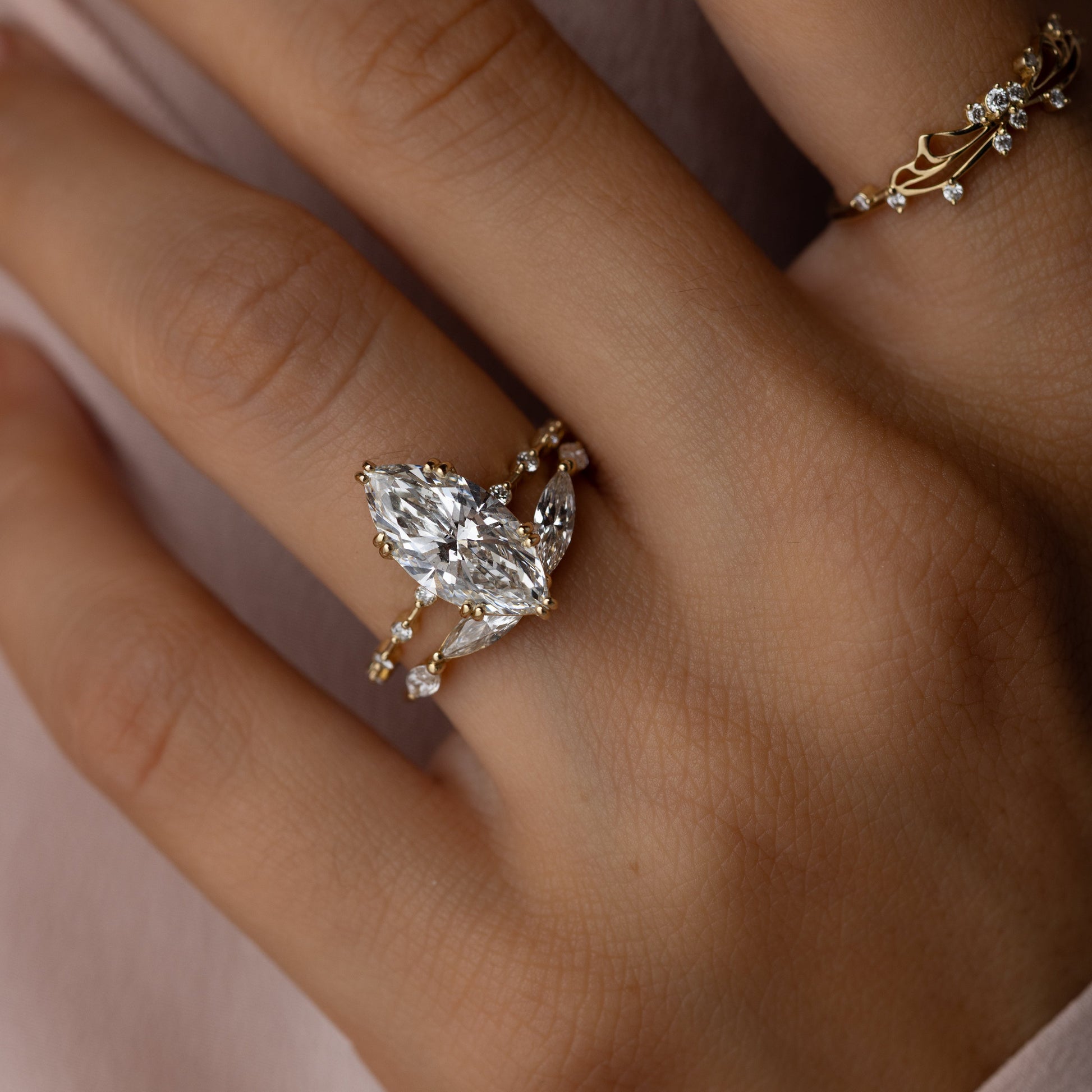 Pave Double Prong-Marquise Lab Grown Diamond Engagement Ring - Detail view