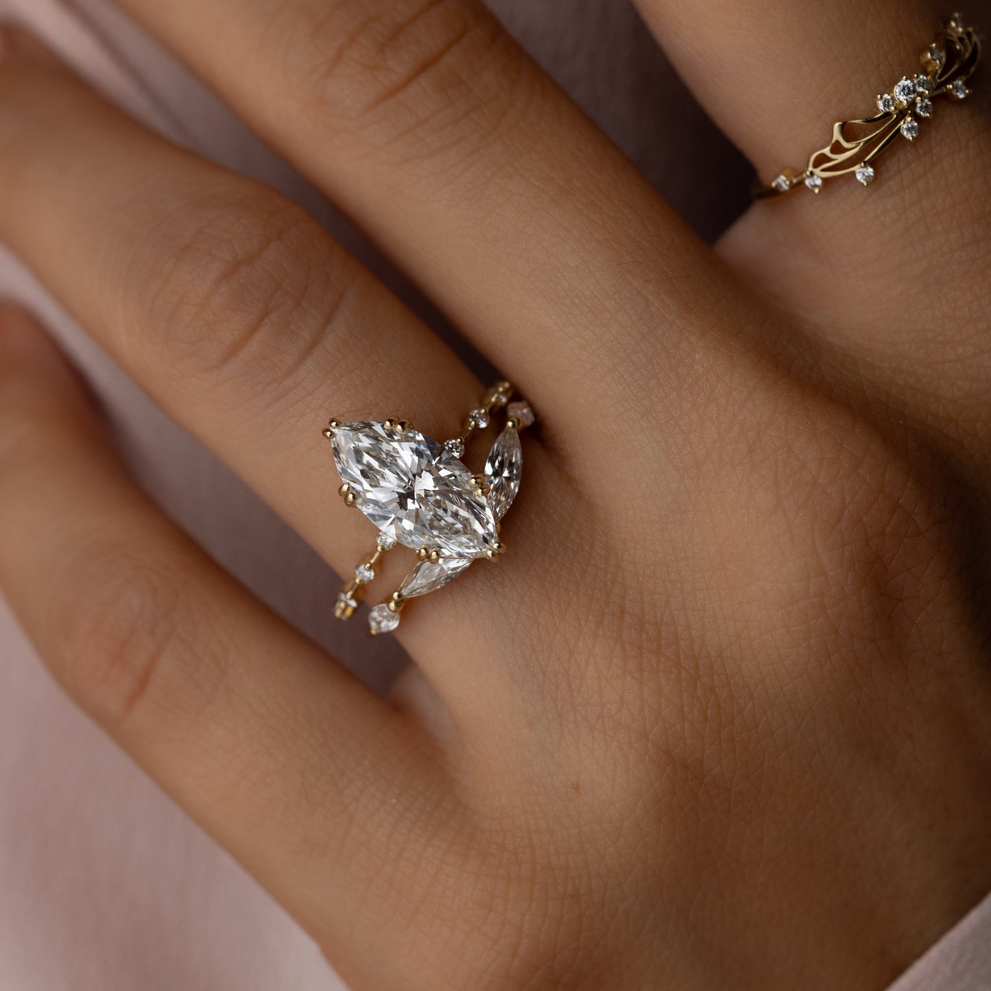 Pave Double Prong-Marquise Lab Grown Diamond Engagement Ring - Detail view