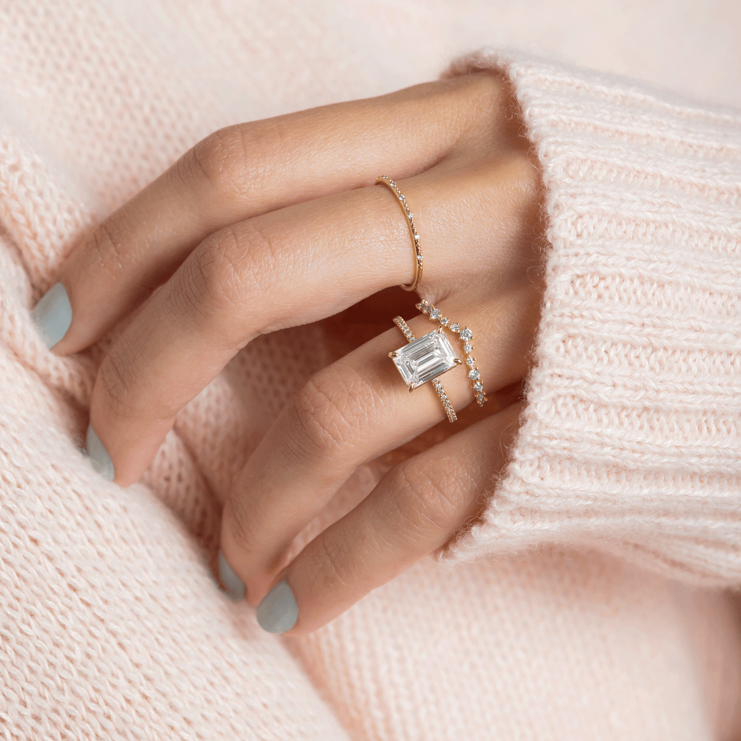 Pave-Emerald Lab Grown Diamond Engagement Ring - Detail view