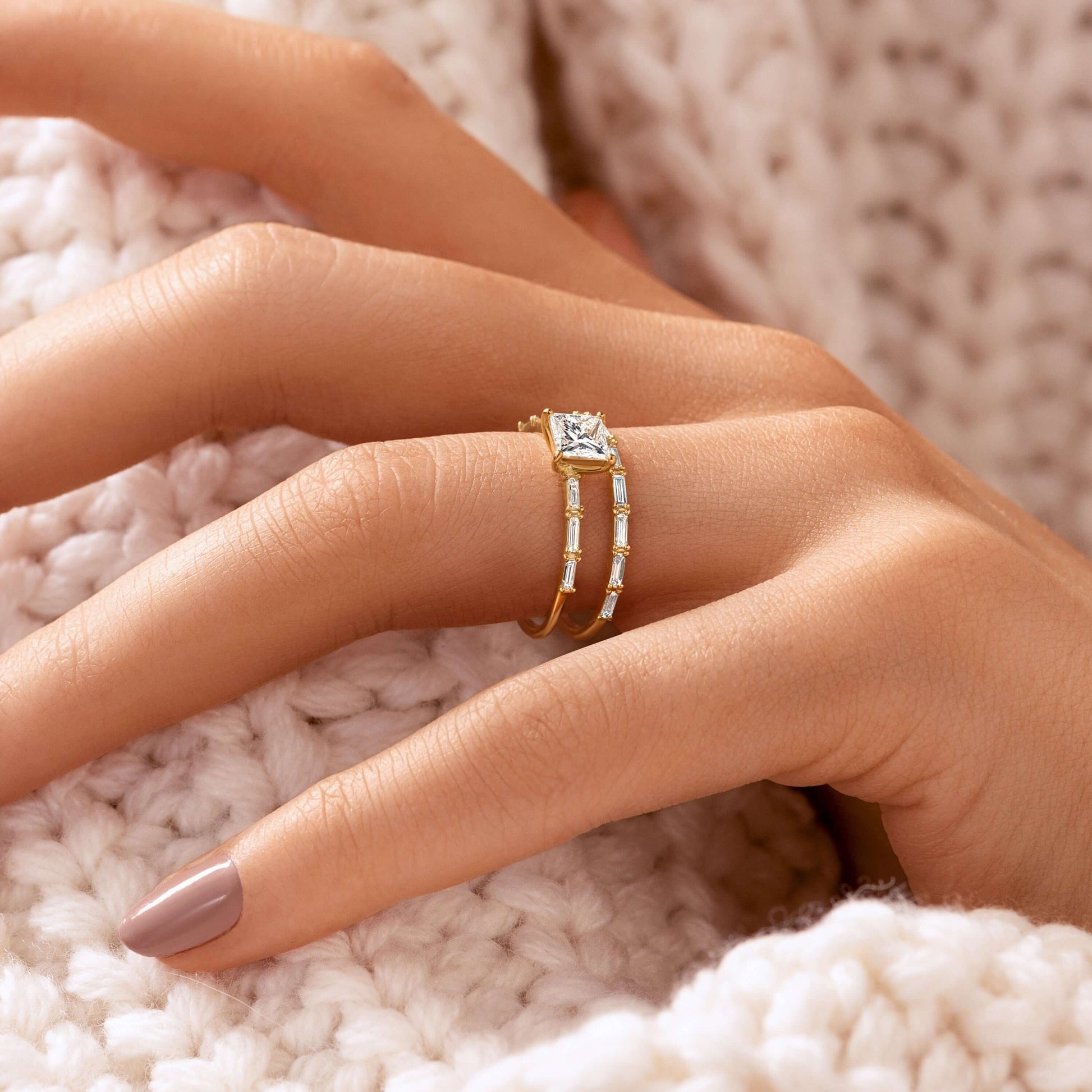 Pave-Princess Lab Grown Diamond Engagement Ring - On model