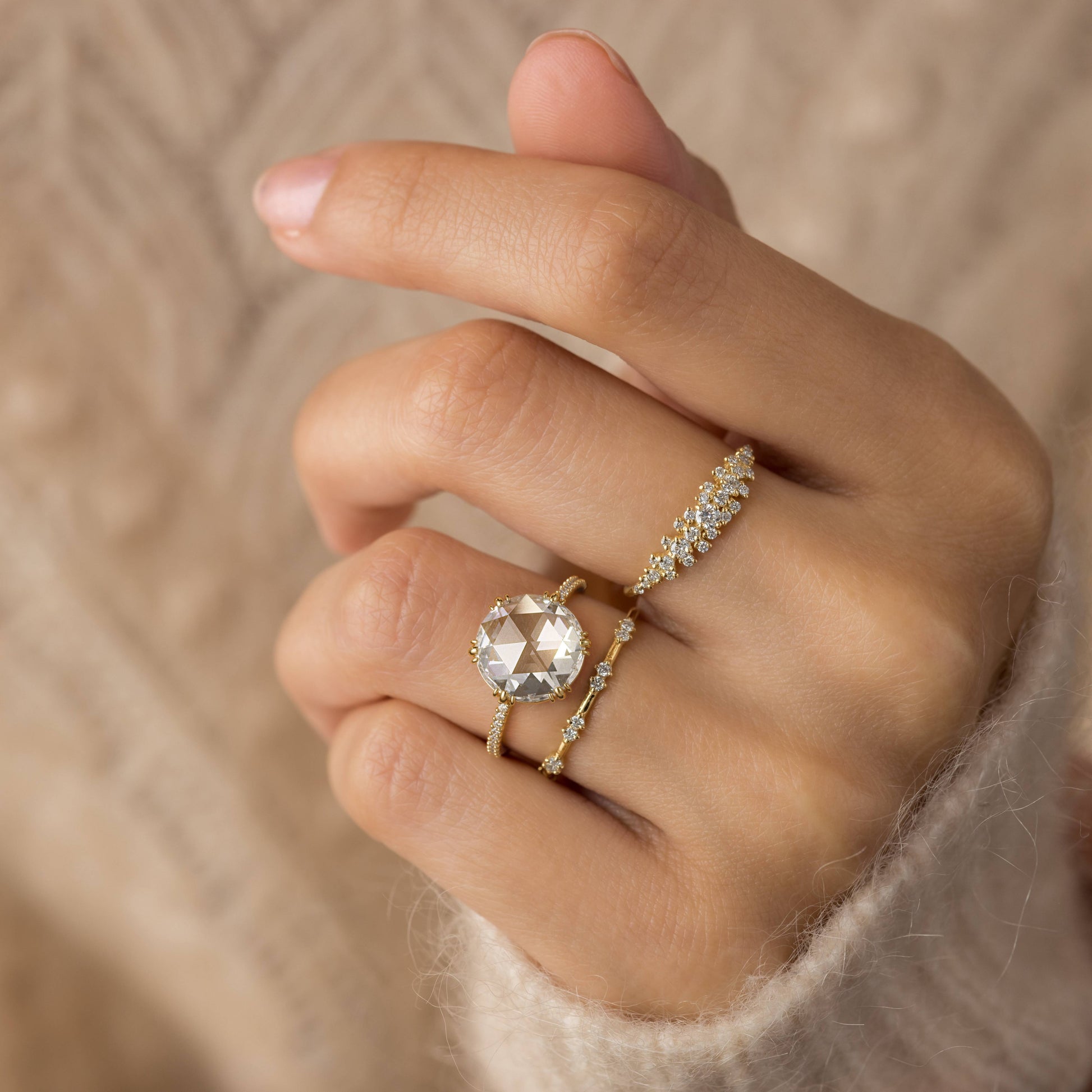 Pave-Rose Cut Lab Grown Diamond Engagement Ring - Detail view