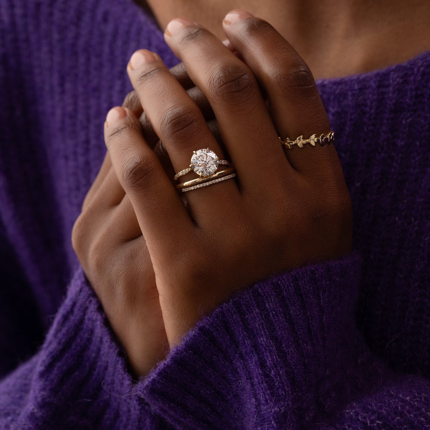 Pave-Round Lab Grown Diamond Engagement Ring - On model