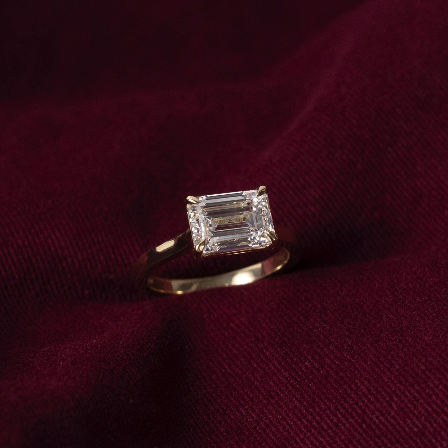 East West Solitaire Cathedral- 3.0 CT Emerald Moissanite Engagement RingEast West Solitaire Cathedral- 3.0 CT Emerald Moissanite Engagement Ring - Side view