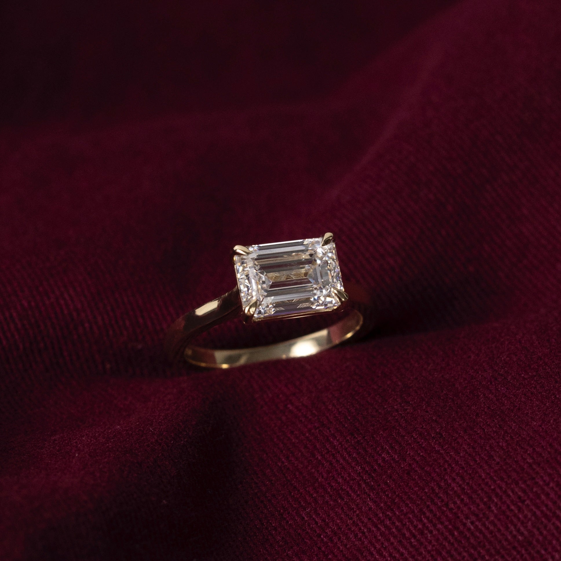 East West Solitaire Cathedral- 3.0 CT Emerald Moissanite Engagement RingEast West Solitaire Cathedral- 3.0 CT Emerald Moissanite Engagement Ring - Side view