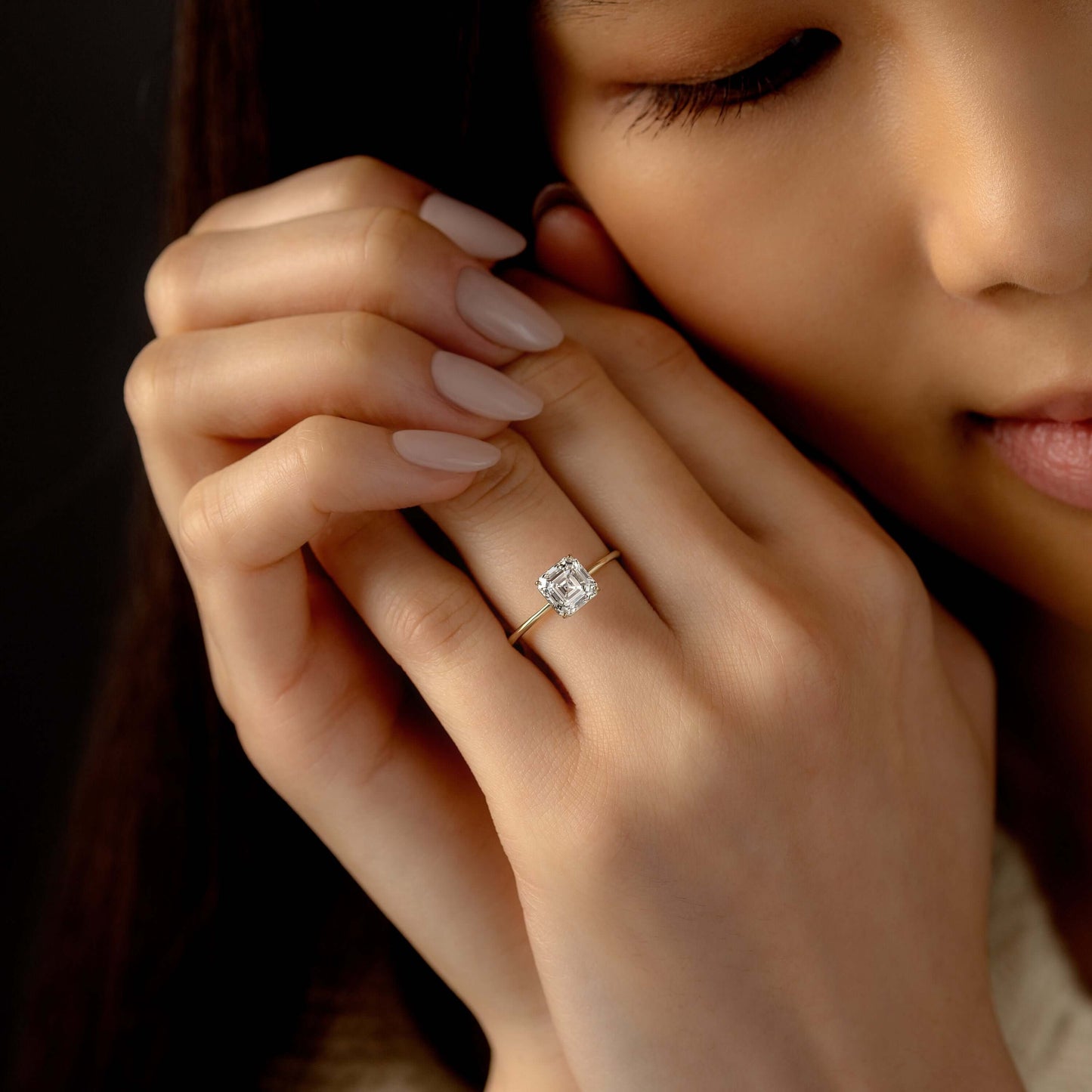 Solitaire-Asscher Lab Grown Diamond Engagement Ring - On model