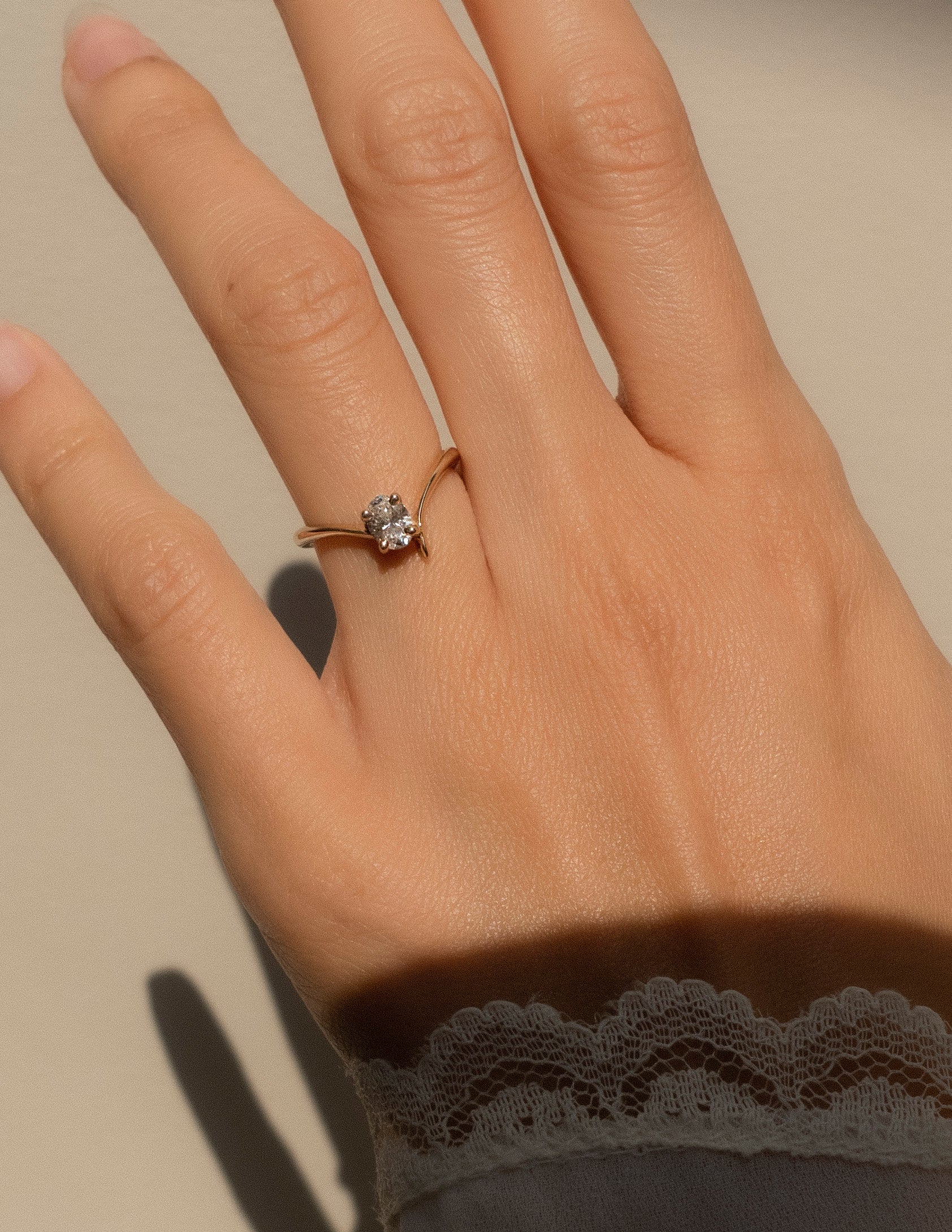Solitaire Asymmetrical Band-Oval Lab Grown Diamond Engagement Ring - On model