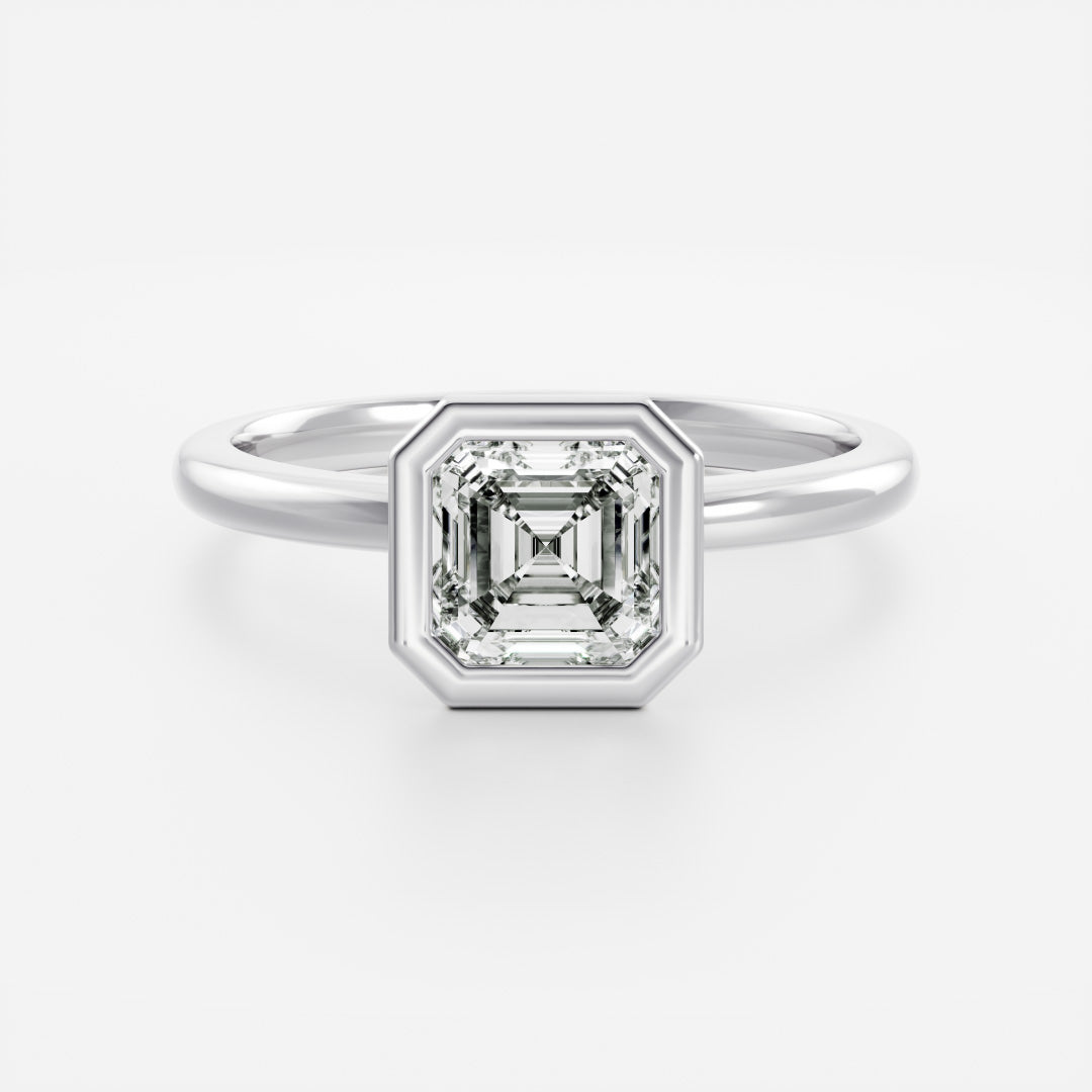 Solitaire Bezel- 1.3 CT Asscher Moissanite Engagement RingSolitaire Bezel- 1.3 CT Asscher Moissanite Engagement Ring - Detail view