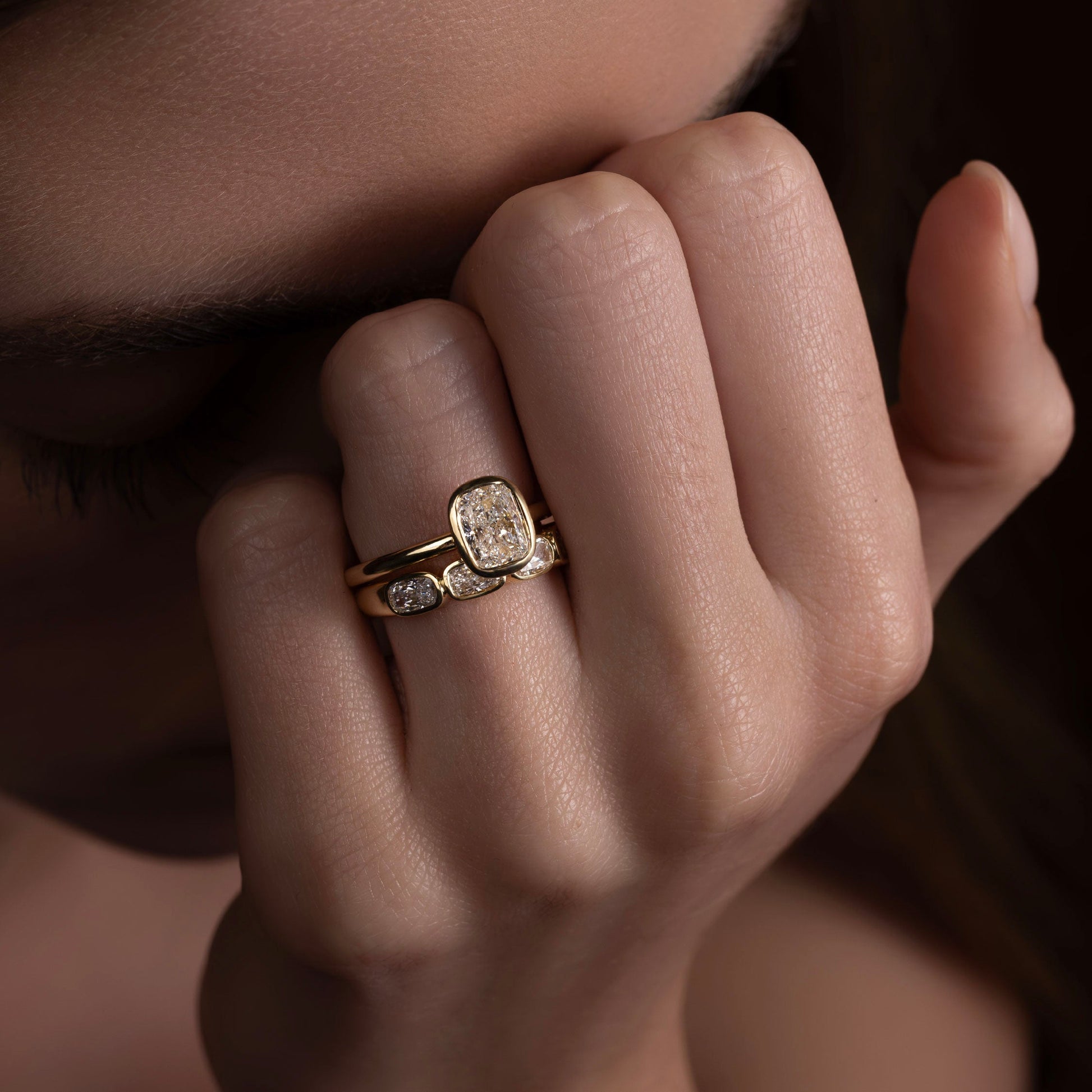 Solitaire Bezel- 2.0 CT Elongated Cushion Moissanite Engagement RingSolitaire Bezel- 2.0 CT Elongated Cushion Moissanite Engagement Ring - Side view