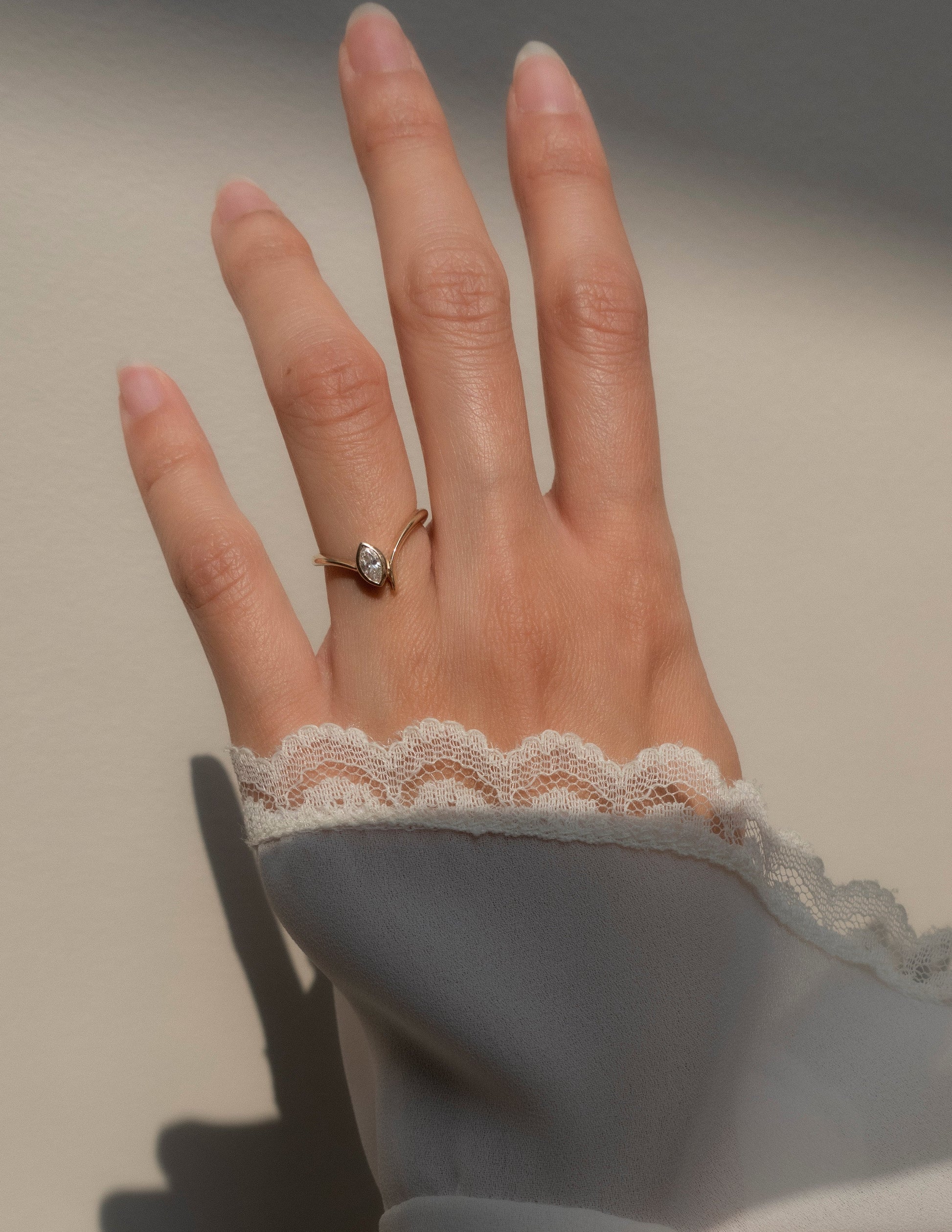 Solitaire Bezel Asymmetrical Band-Marquise Lab Grown Diamond Engagement Ring - Detail view