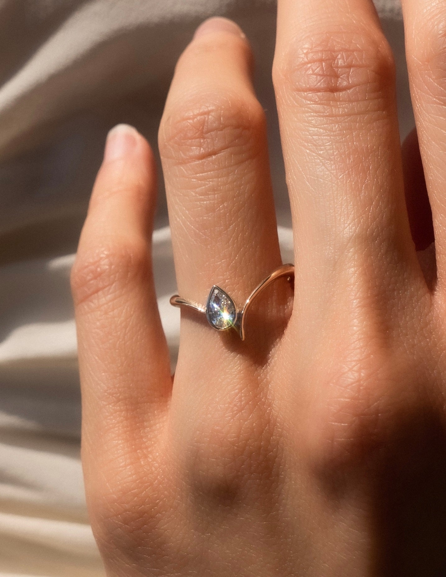 Solitaire Bezel Asymmetrical Band-Pear Lab Grown Diamond Engagement Ring - Back view