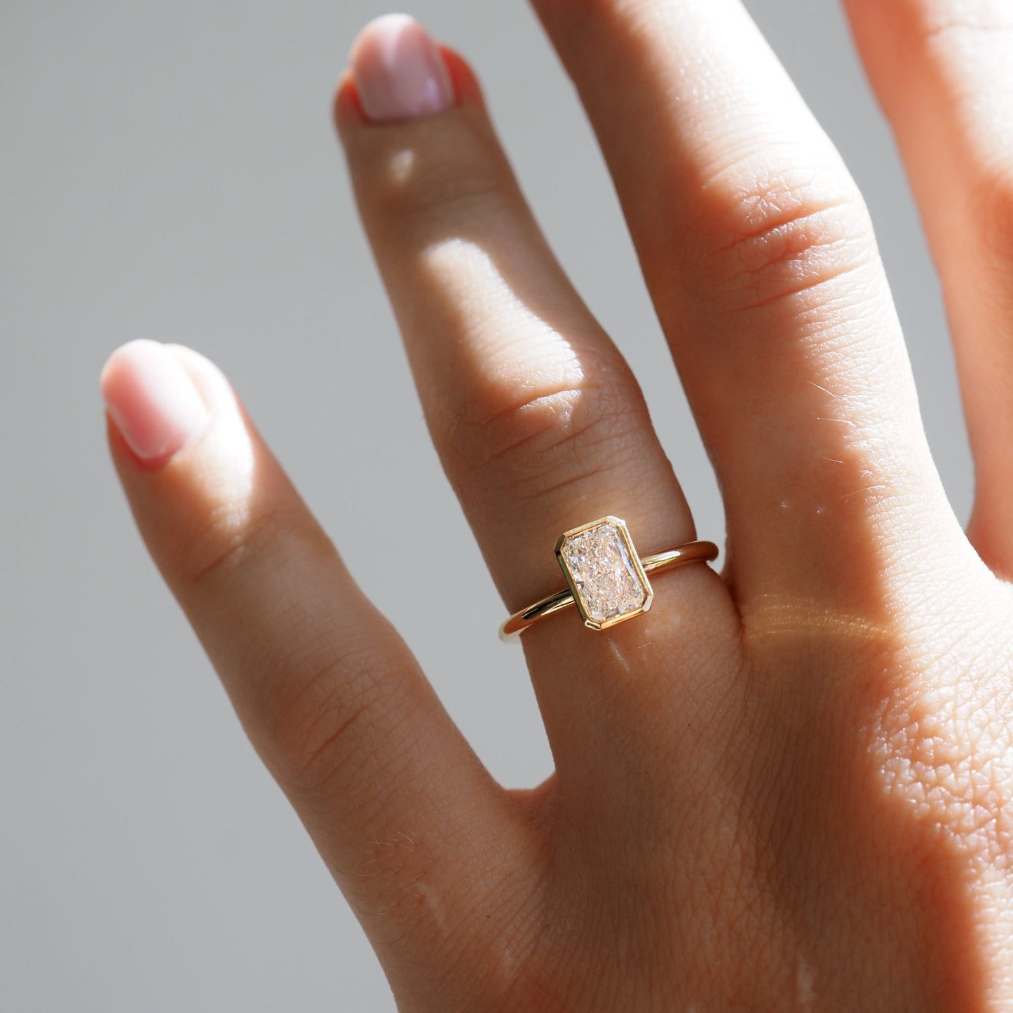 Solitaire Bezel-Radiant Lab Grown Diamond Engagement Ring - Side view