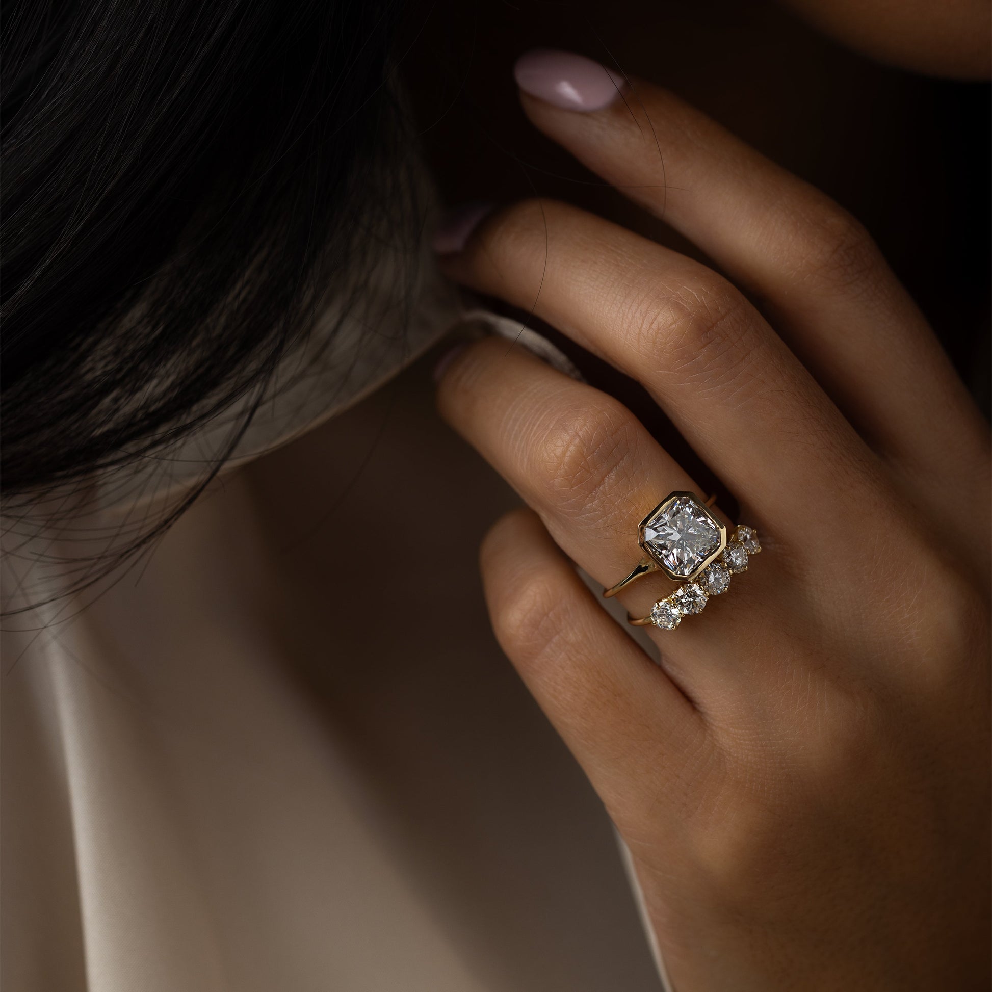 Solitaire Bezel-Square Radiant Lab Grown Diamond Engagement Ring - Back view