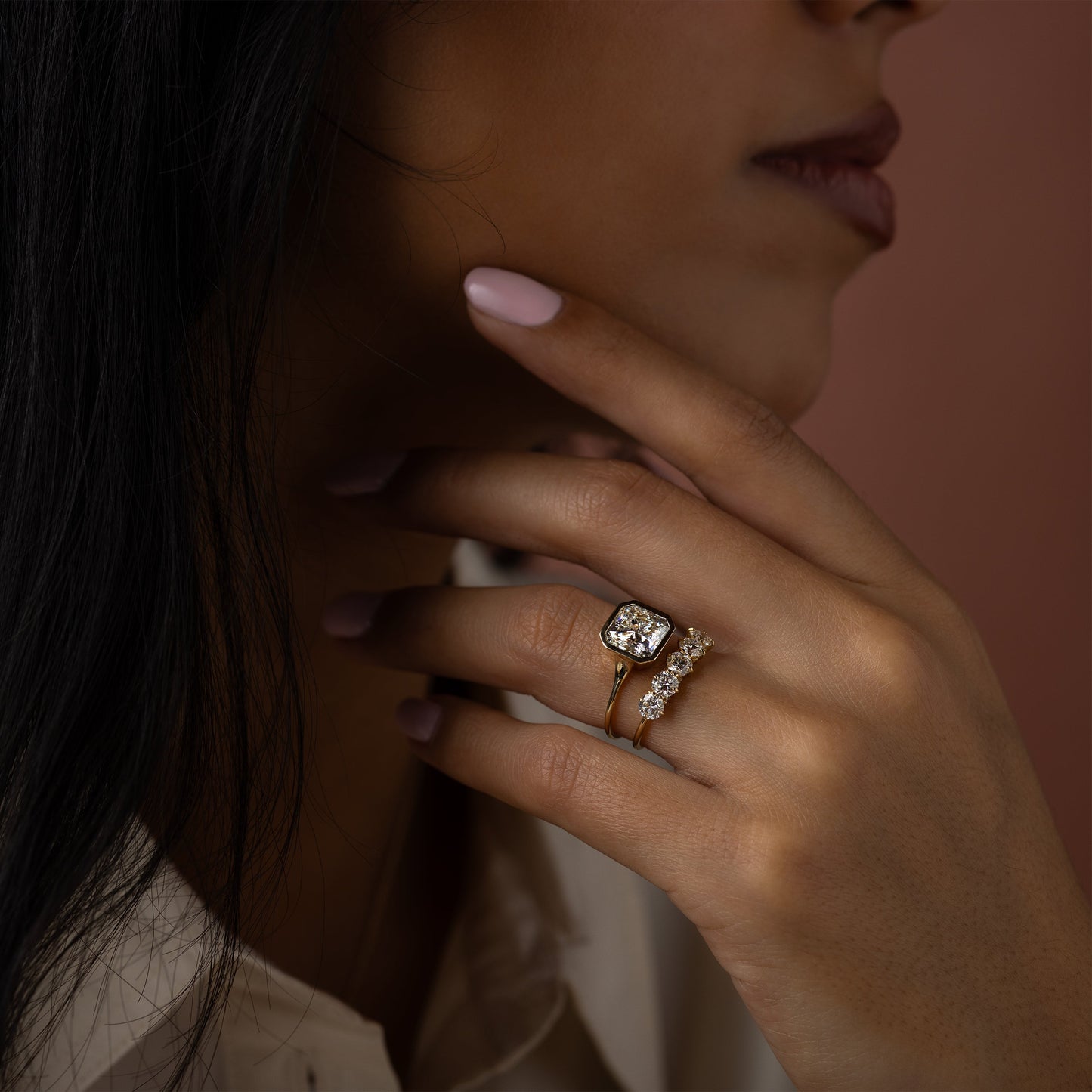 Solitaire Bezel-Square Radiant Lab Grown Diamond Engagement Ring - Detail view