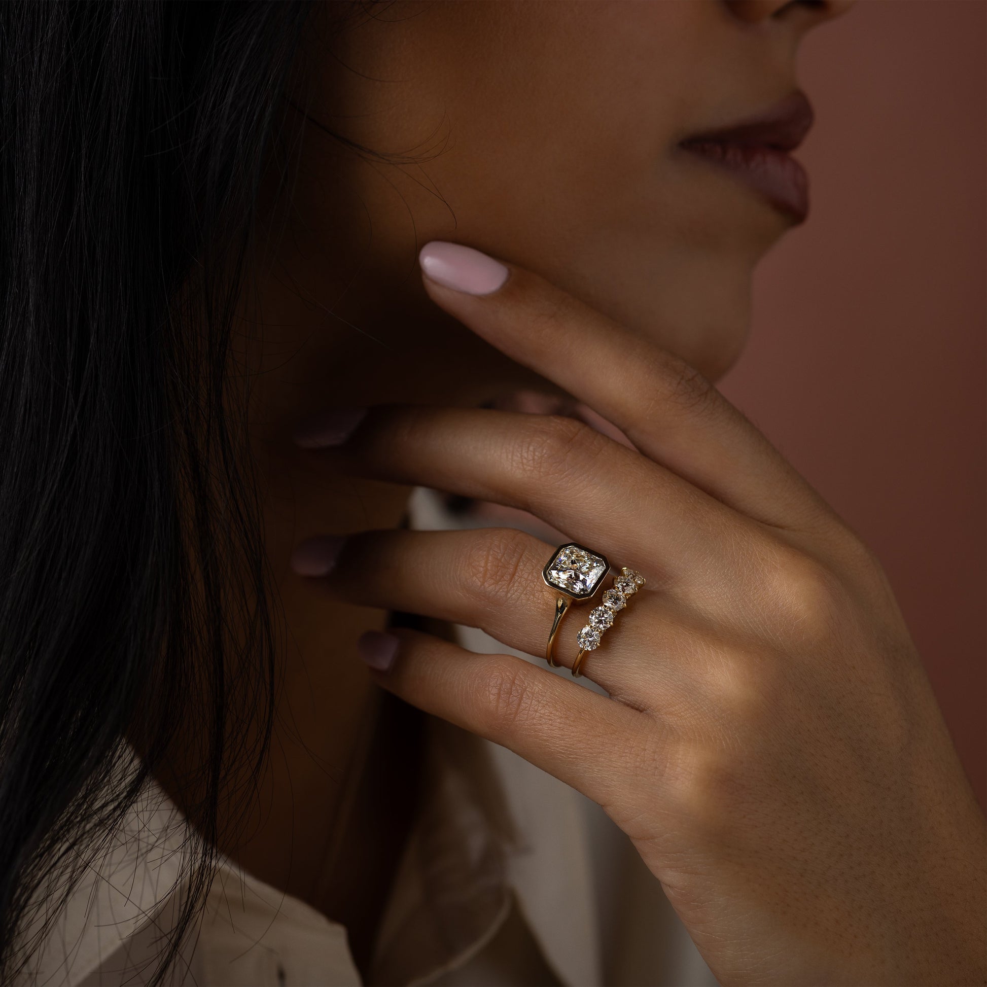 Solitaire Bezel-Square Radiant Lab Grown Diamond Engagement Ring - Detail view