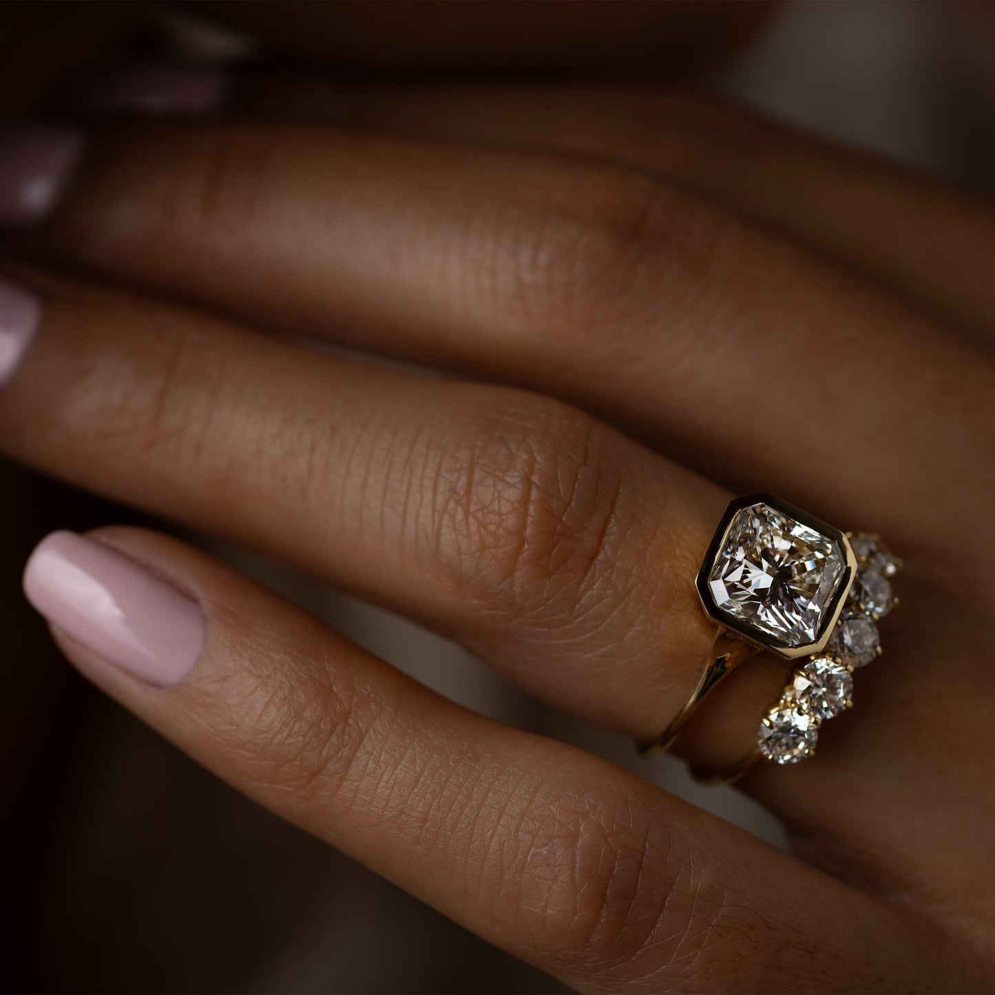 Solitaire Bezel-Square Radiant Lab Grown Diamond Engagement Ring - On model