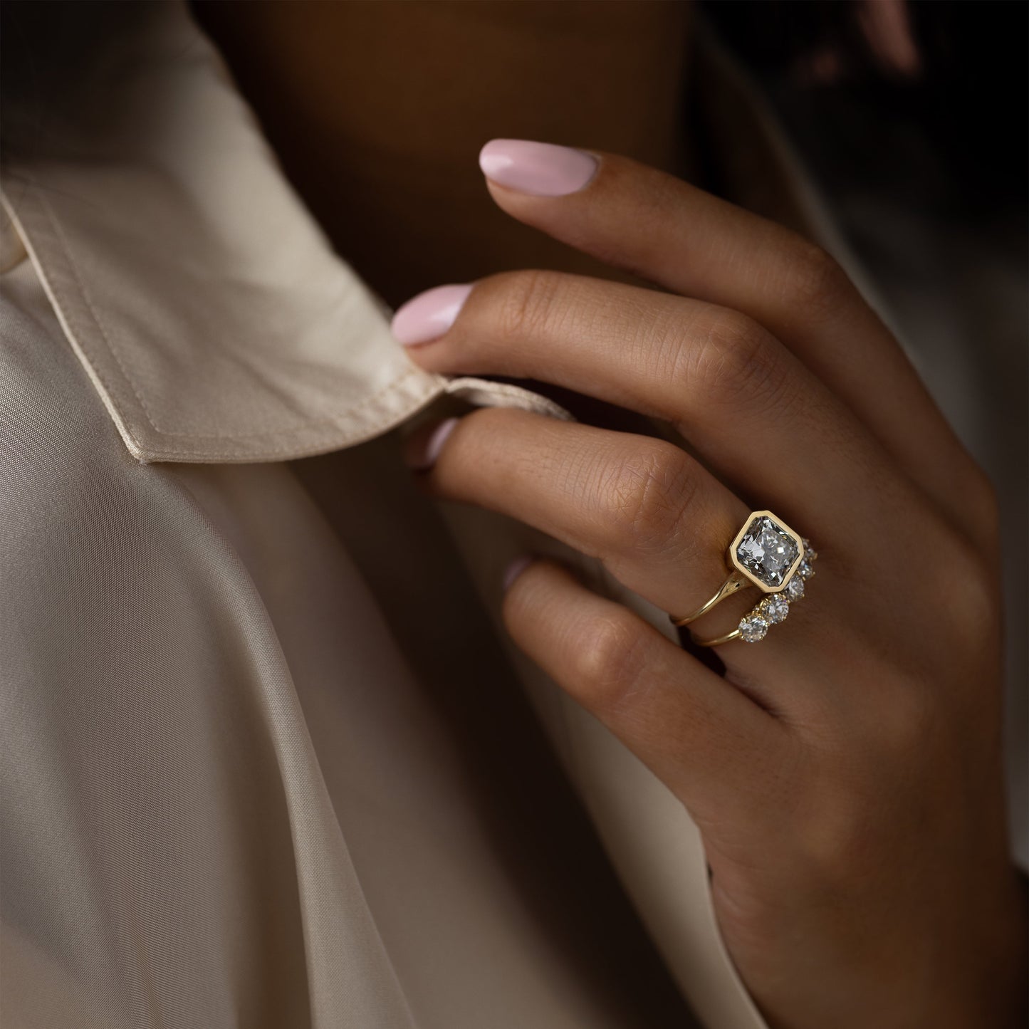 Solitaire Bezel-Square Radiant Lab Grown Diamond Engagement Ring - Lifestyle