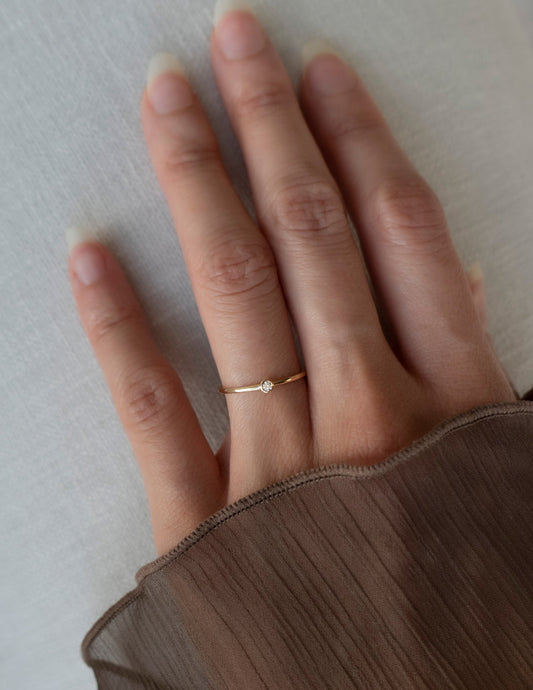 Solitaire Bezel | Stackable Ring- 0.032 CT Round Moissanite Wedding BandSolitaire Bezel | Stackable Ring- 0.032 CT Round Moissanite Wedding Band - Front view