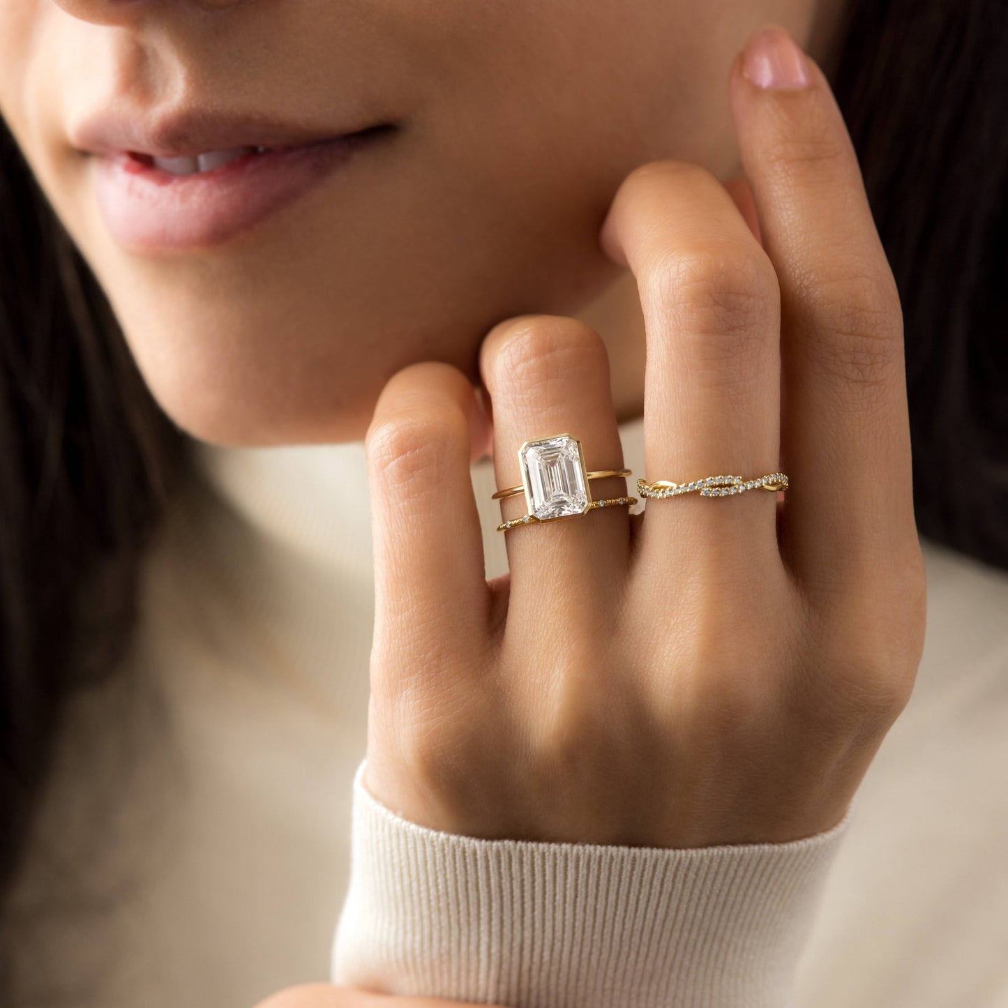 Solitaire Bezel with Hidden Stone-Emerald Lab Grown Diamond Engagement Ring - Lifestyle