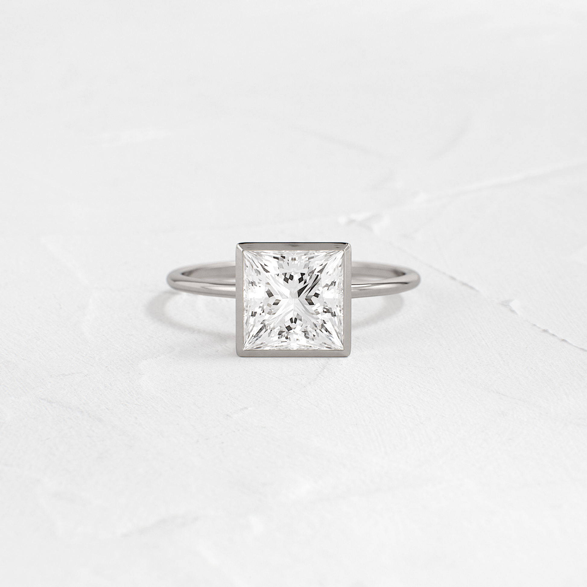 Solitaire Bezel with Hidden Stones-Princess Lab Grown Diamond Engagement Ring - Detail view