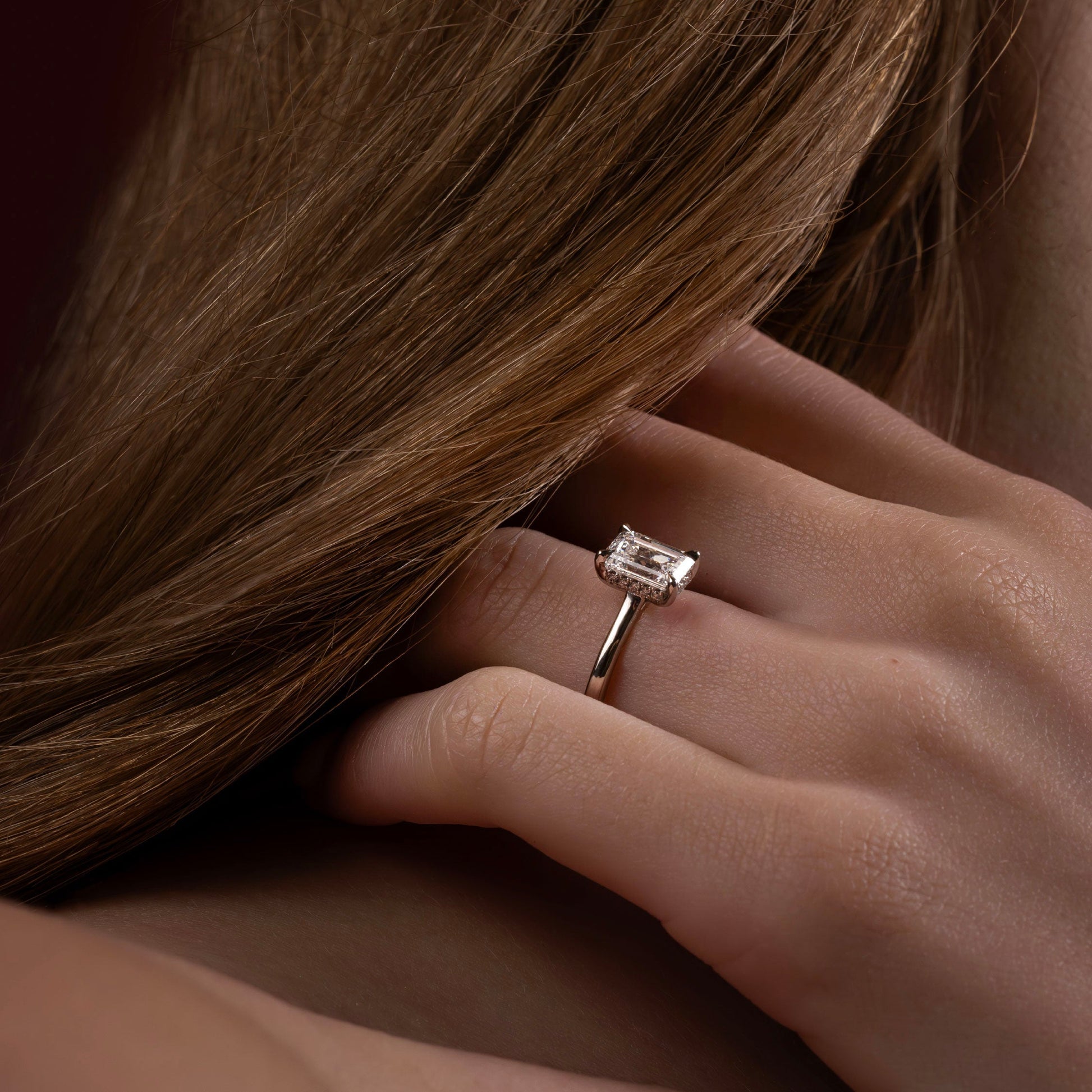 Solitaire & Cathedral-Emerald Lab Grown Diamond Engagement Ring - On model