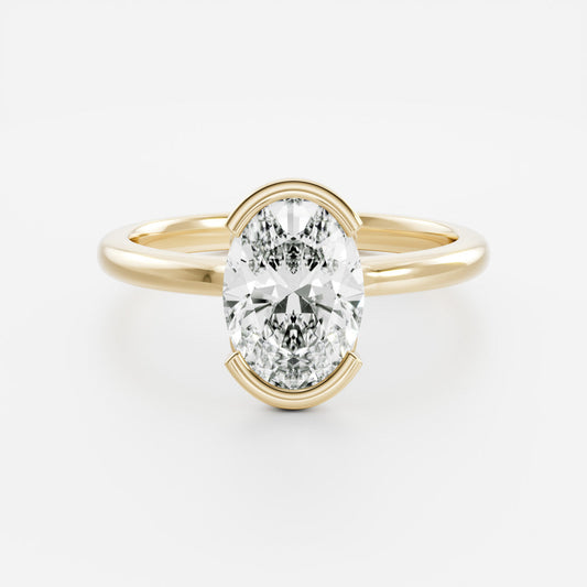 Solitaire Cathedral Half Bezel- 2.1 CT Oval Moissanite Engagement RingSolitaire Cathedral Half Bezel- 2.1 CT Oval Moissanite Engagement Ring - Front view