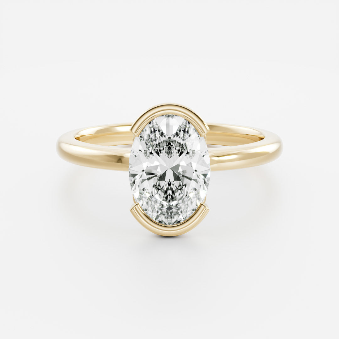 Solitaire Cathedral Half Bezel- 2.1 CT Oval Moissanite Engagement RingSolitaire Cathedral Half Bezel- 2.1 CT Oval Moissanite Engagement Ring - Front view