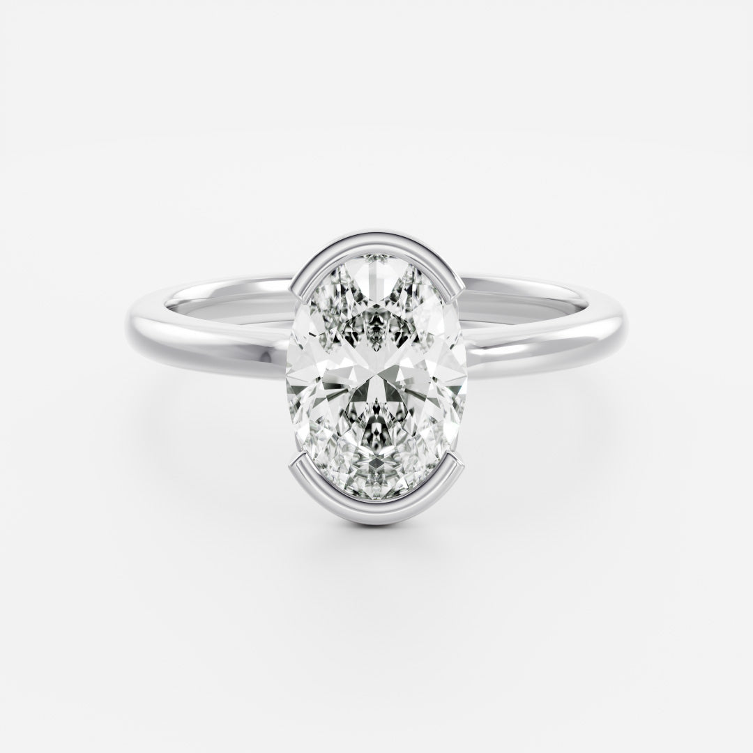 Solitaire Cathedral Half Bezel- 2.1 CT Oval Moissanite Engagement RingSolitaire Cathedral Half Bezel- 2.1 CT Oval Moissanite Engagement Ring - Detail view