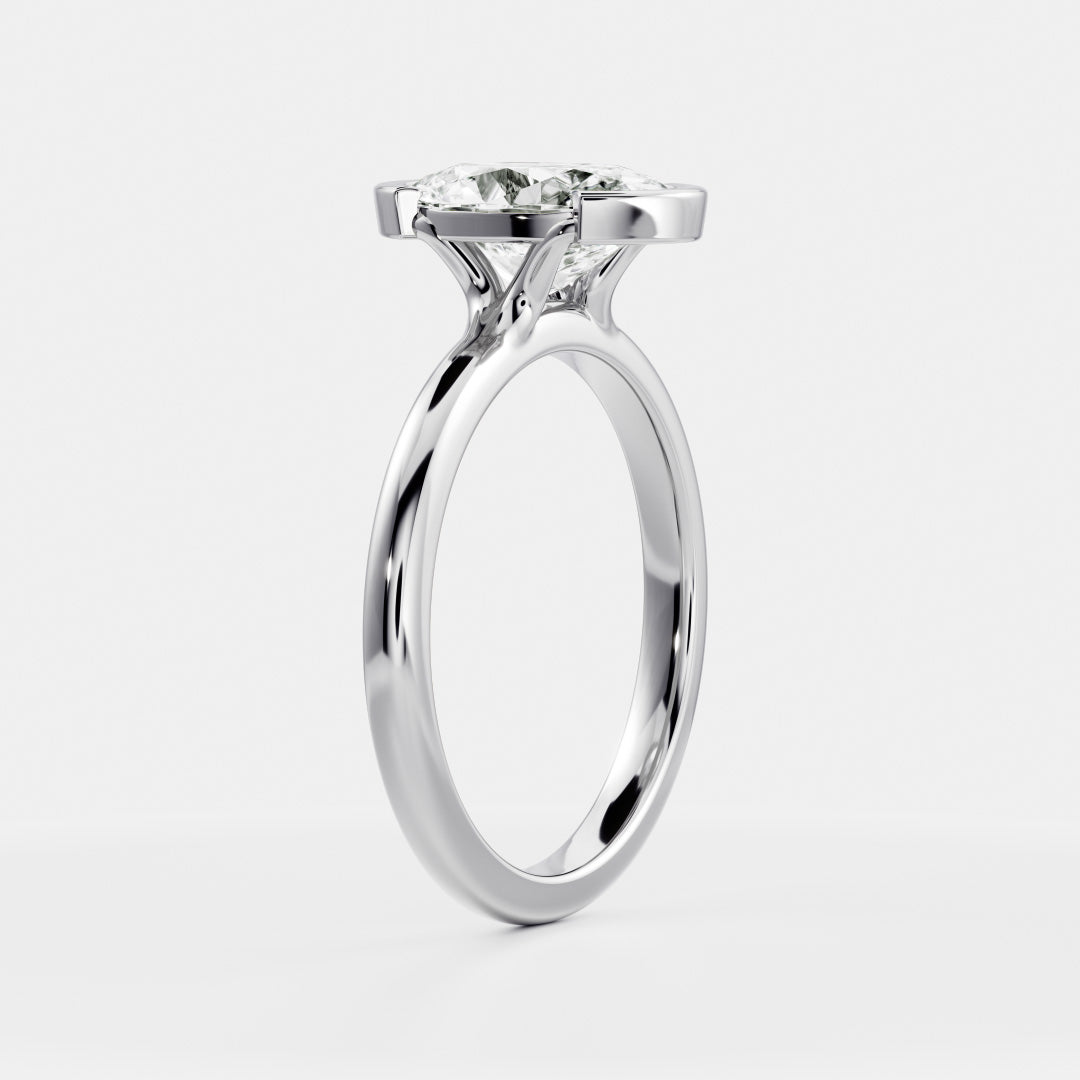Solitaire Cathedral Half Bezel- 2.1 CT Oval Moissanite Engagement RingSolitaire Cathedral Half Bezel- 2.1 CT Oval Moissanite Engagement Ring - On model