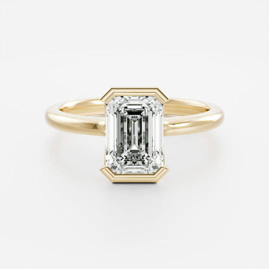 Solitaire Cathedral Half Bezel- 3.1 CT Emerald Moissanite Engagement RingSolitaire Cathedral Half Bezel- 3.1 CT Emerald Moissanite Engagement Ring - Front view