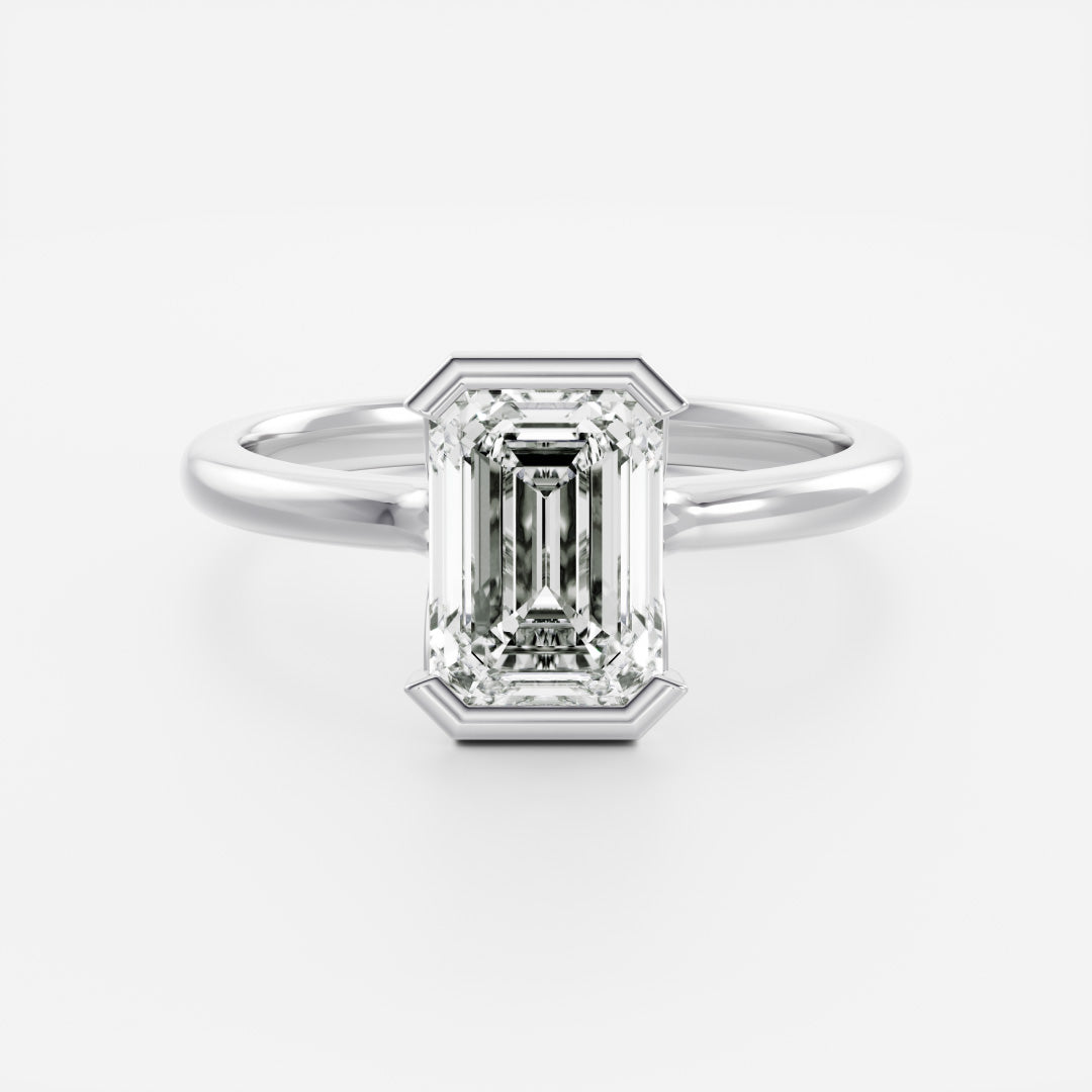 Solitaire Cathedral Half Bezel- 3.1 CT Emerald Moissanite Engagement RingSolitaire Cathedral Half Bezel- 3.1 CT Emerald Moissanite Engagement Ring - Detail view