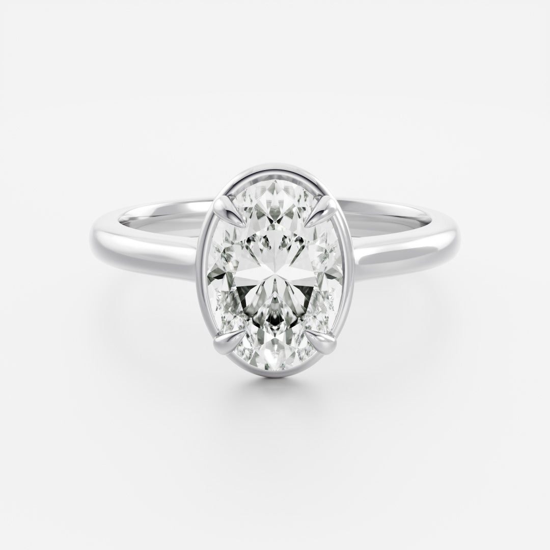Solitaire Cathedral Unique Bezel- 2.1 CT Oval Moissanite Engagement RingSolitaire Cathedral Unique Bezel- 2.1 CT Oval Moissanite Engagement Ring - Detail view
