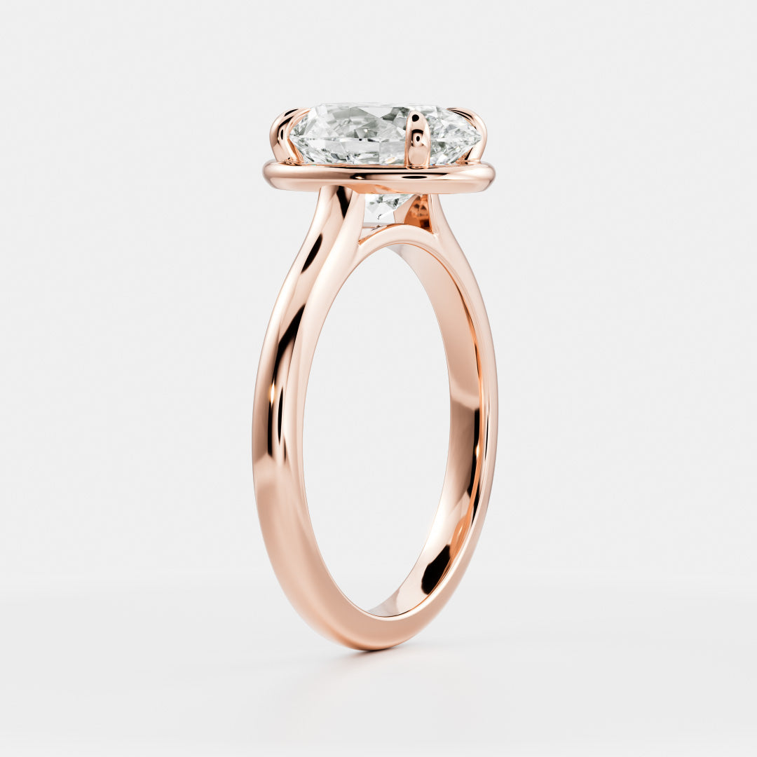 Solitaire Cathedral Unique Bezel- 2.1 CT Oval Moissanite Engagement RingSolitaire Cathedral Unique Bezel- 2.1 CT Oval Moissanite Engagement Ring - Side view