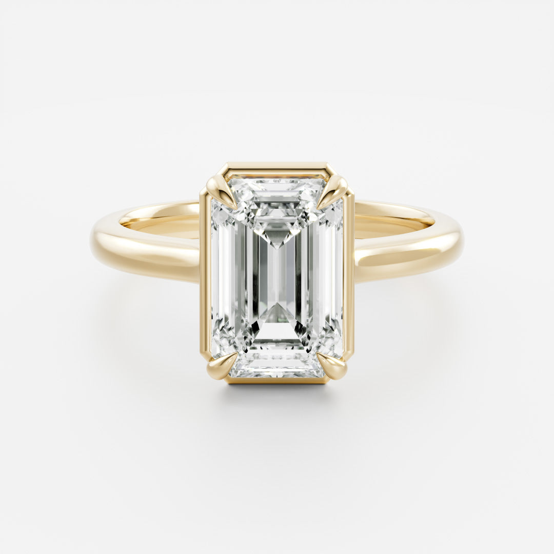 Solitaire Cathedral Unique Bezel- 3.3 CT Emerald Moissanite Engagement RingSolitaire Cathedral Unique Bezel- 3.3 CT Emerald Moissanite Engagement Ring - Front view
