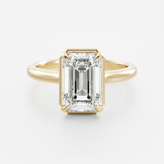 Solitaire Cathedral Unique Bezel- 3.3 CT Emerald Moissanite Engagement RingSolitaire Cathedral Unique Bezel- 3.3 CT Emerald Moissanite Engagement Ring - Front view