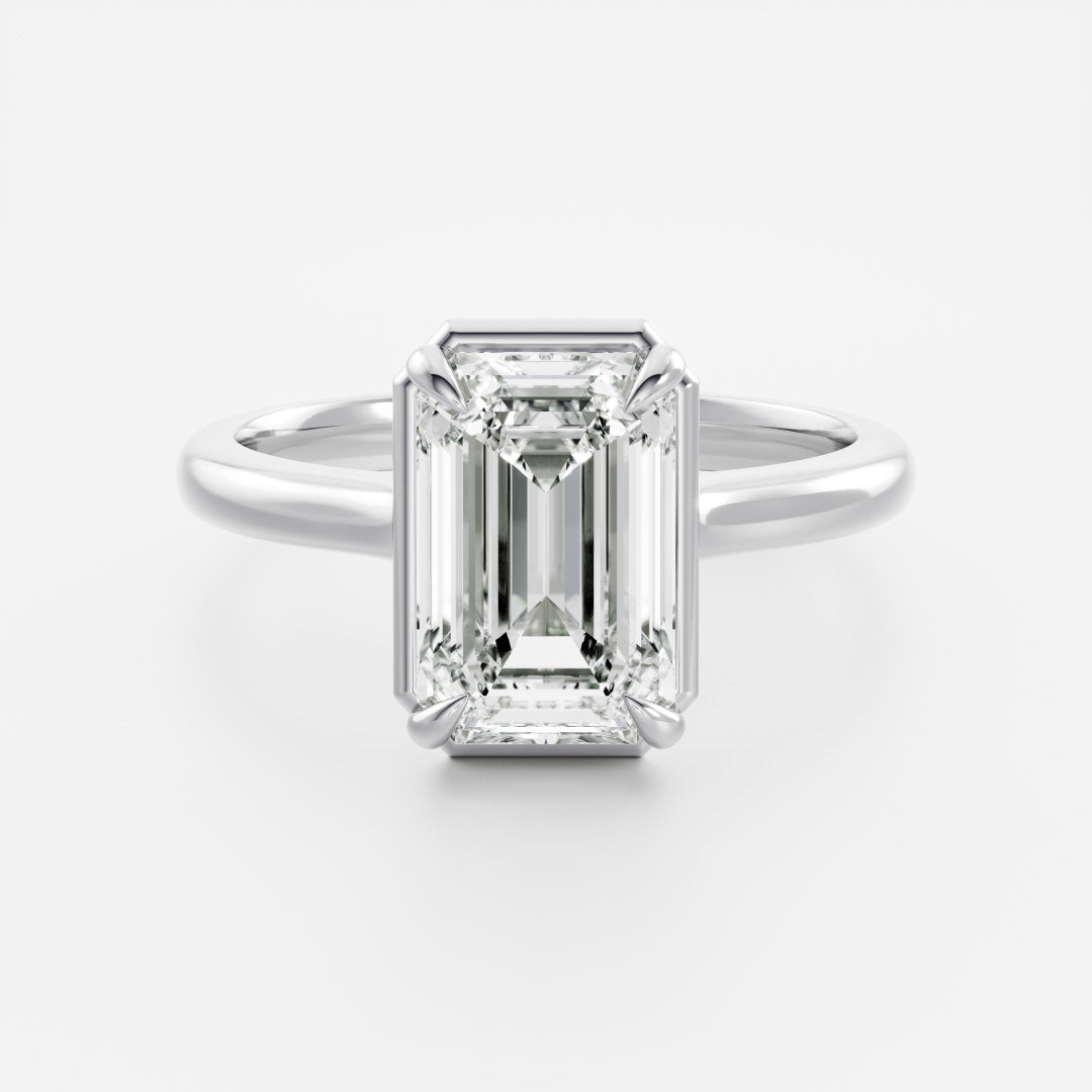Solitaire Cathedral Unique Bezel- 3.3 CT Emerald Moissanite Engagement RingSolitaire Cathedral Unique Bezel- 3.3 CT Emerald Moissanite Engagement Ring - On model